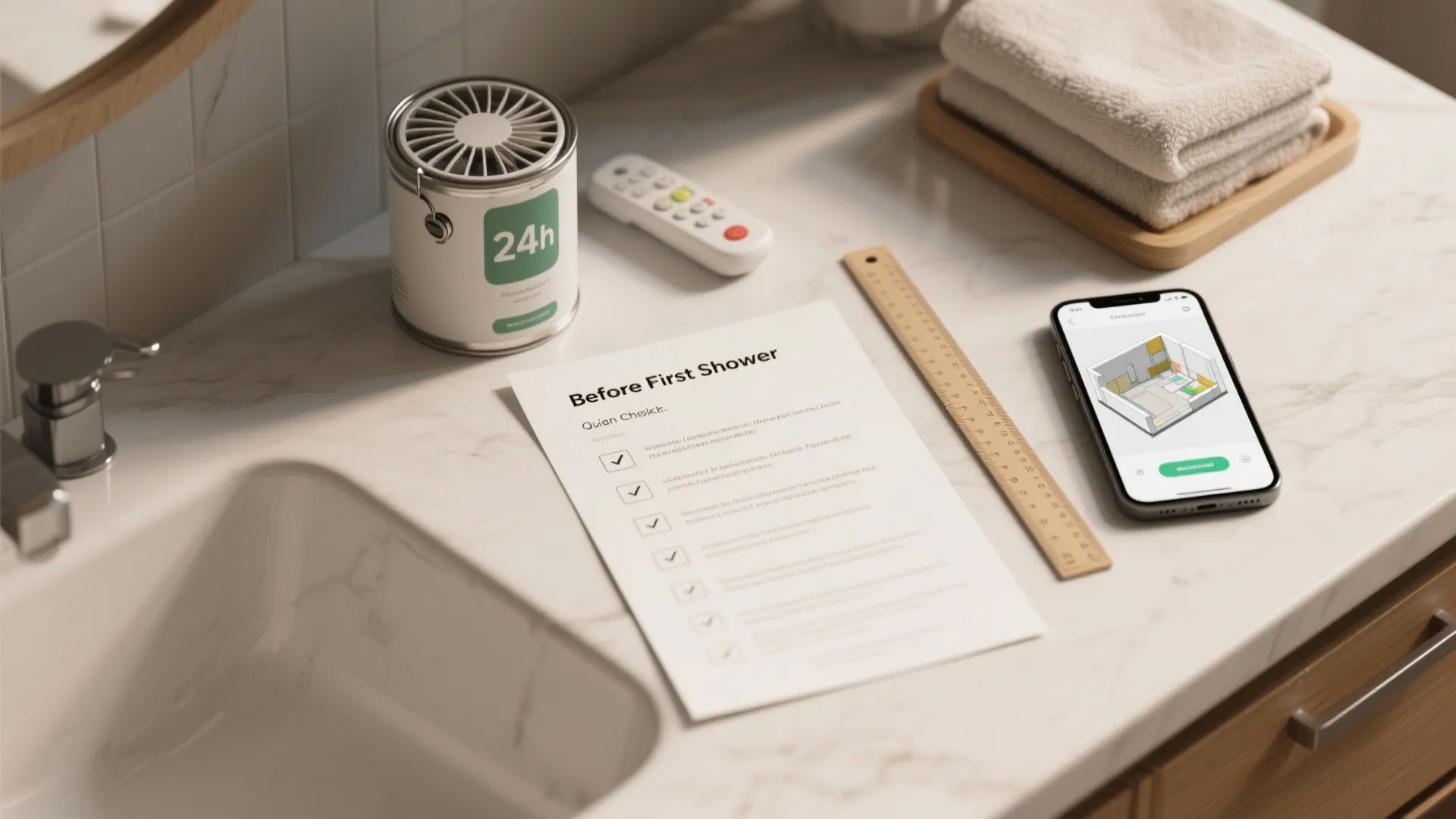 Checklist titled before first shower on marble counter with phone, ruler, and white bathroom towels