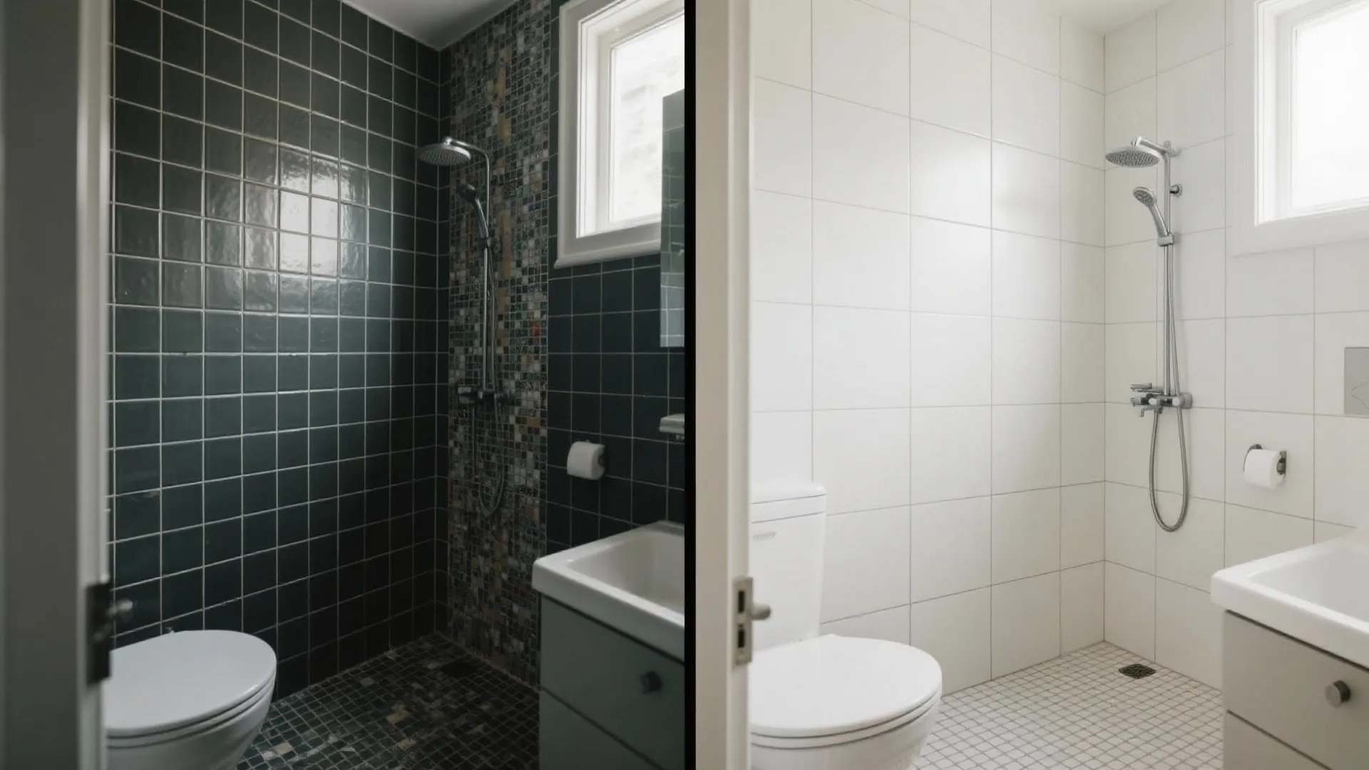 Before and after comparison showing dark green tiles transformed into a bright white modern bathroom