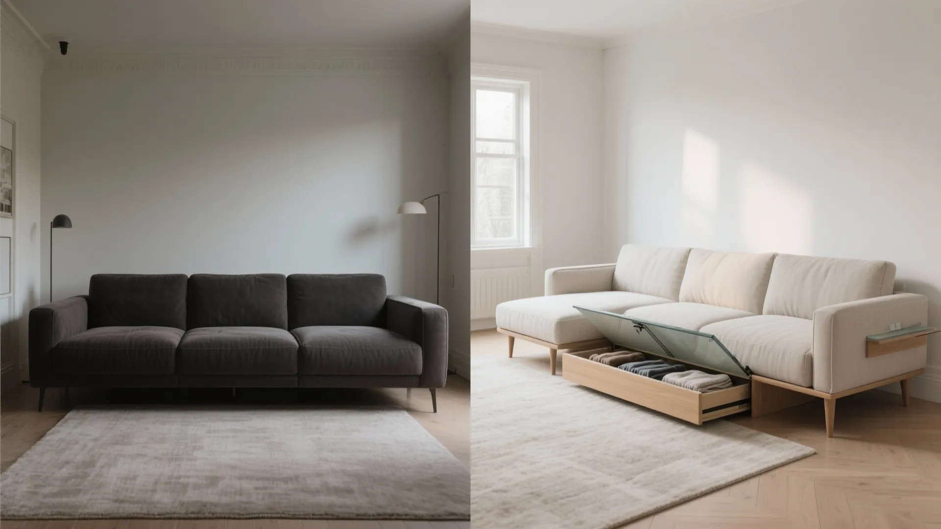 Minimal, high-leg L-shaped sofa with hidden storage