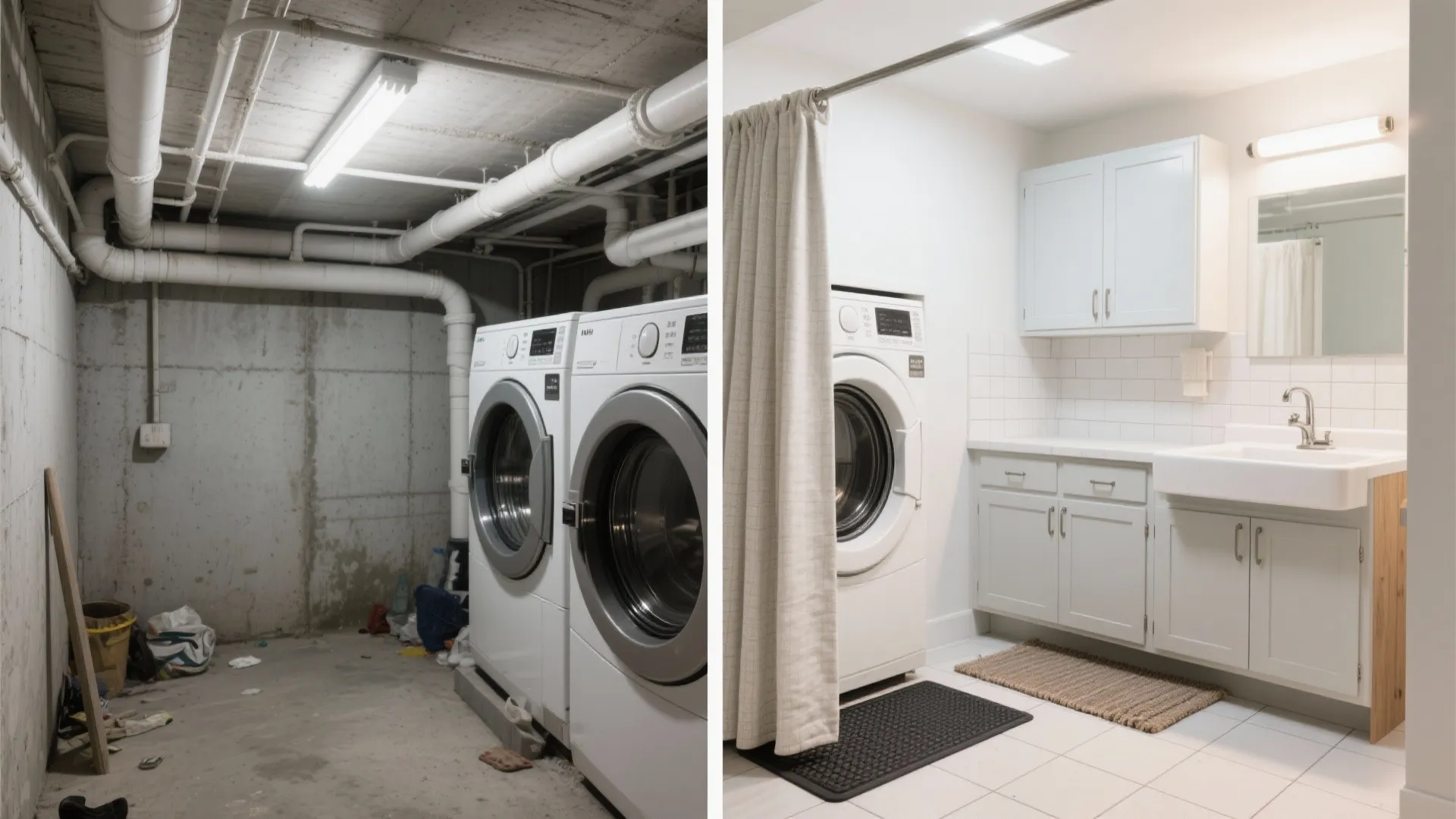 Before and after comparison of a messy concrete basement vs a bright modern laundry room