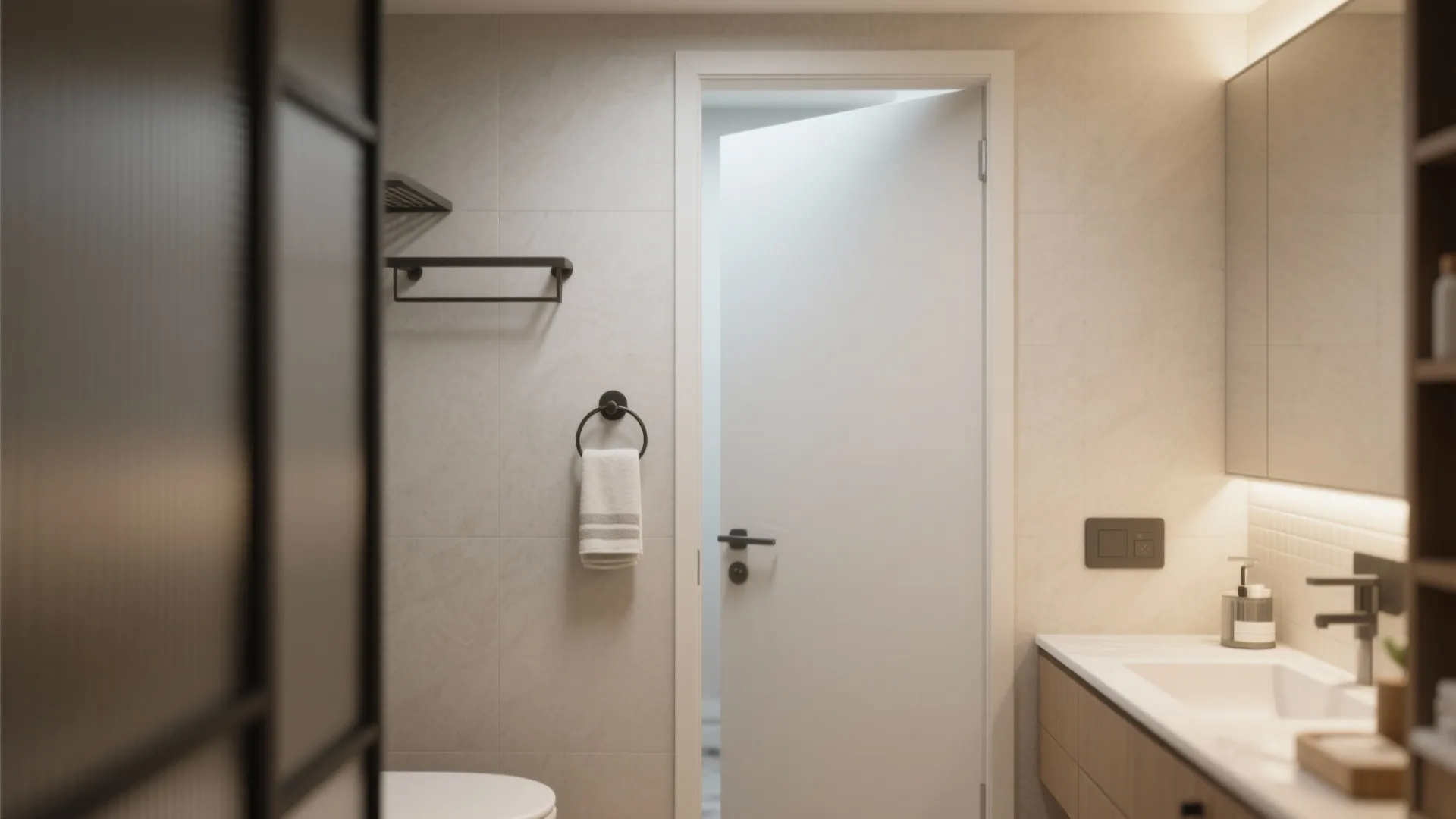 Bright bathroom interior view with white door towel ring shelf vanity sink and wooden cabinet