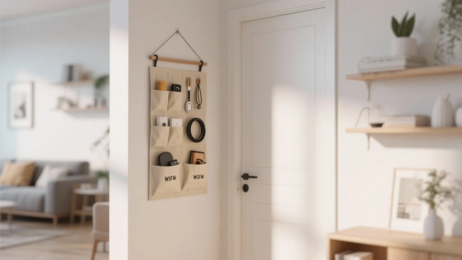 Hanging pocket organizer on a wall next to a white door with wooden shelves nearby
