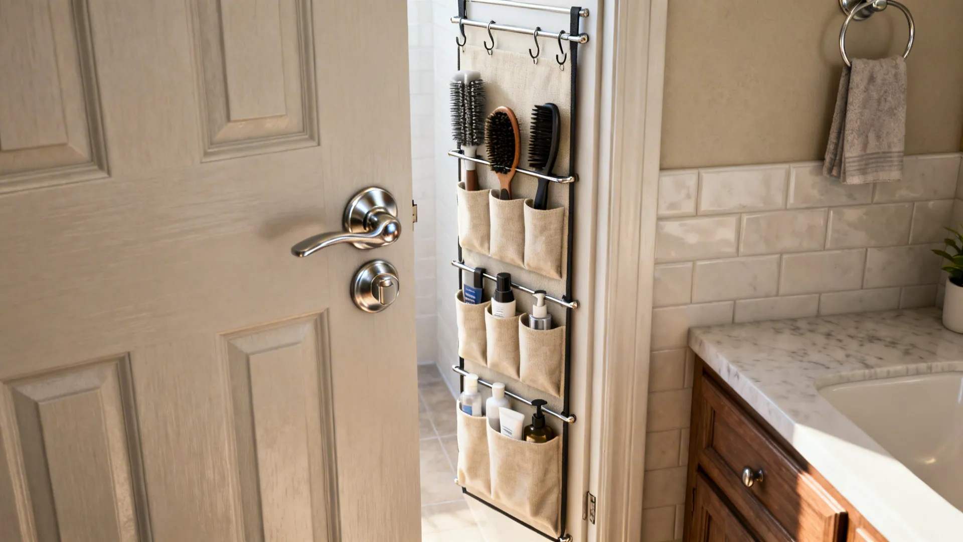 Slim behind-the-door organizer with pockets and racks holding hair tools and toiletries.