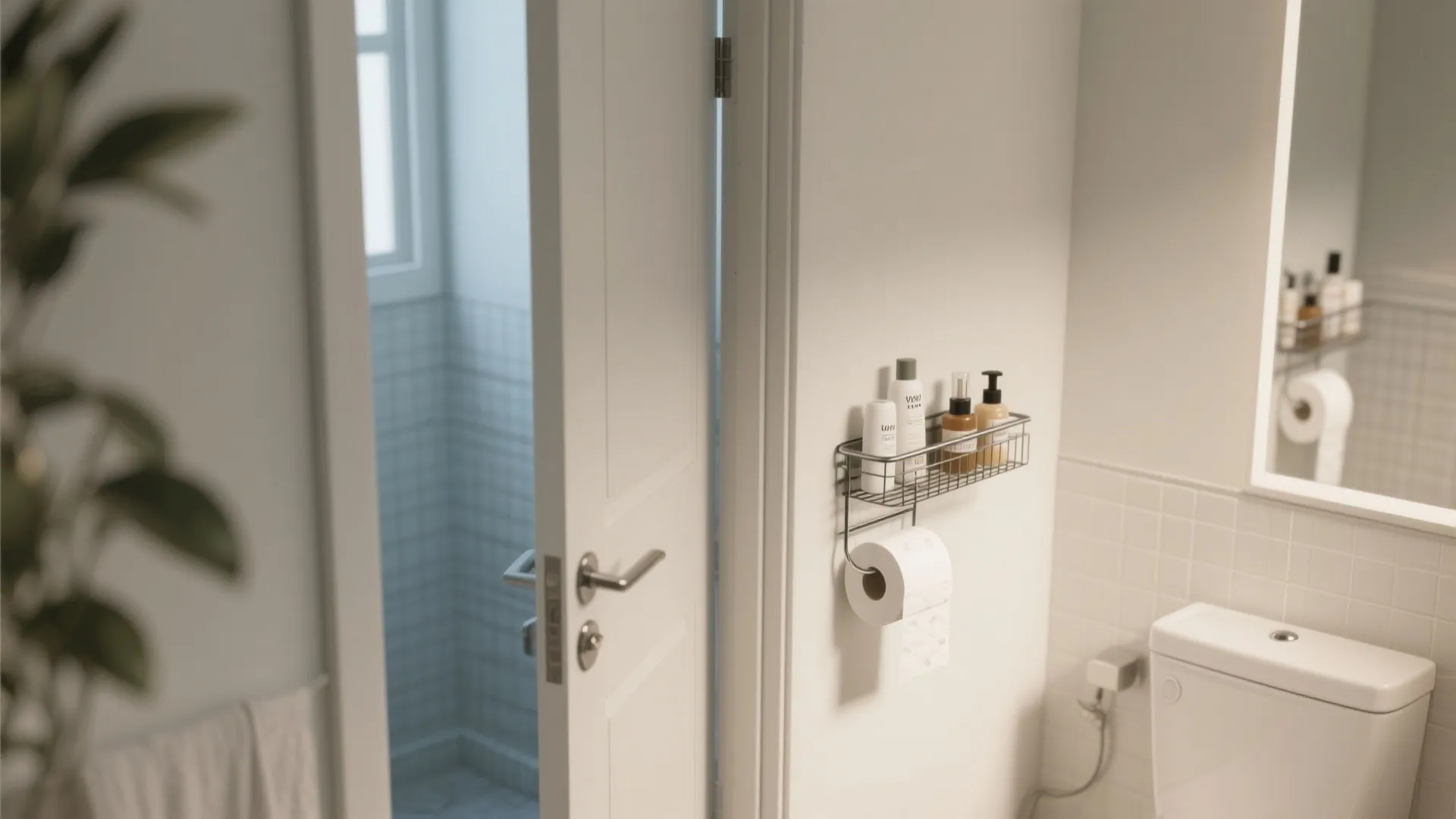 Metal bathroom rack with soap bottles and toilet paper roll holder mounted near white door