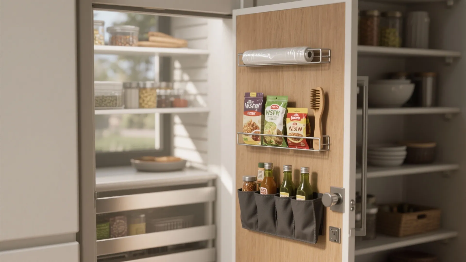 Pantry door storage with metal racks for food snacks and gray pockets for small bottles