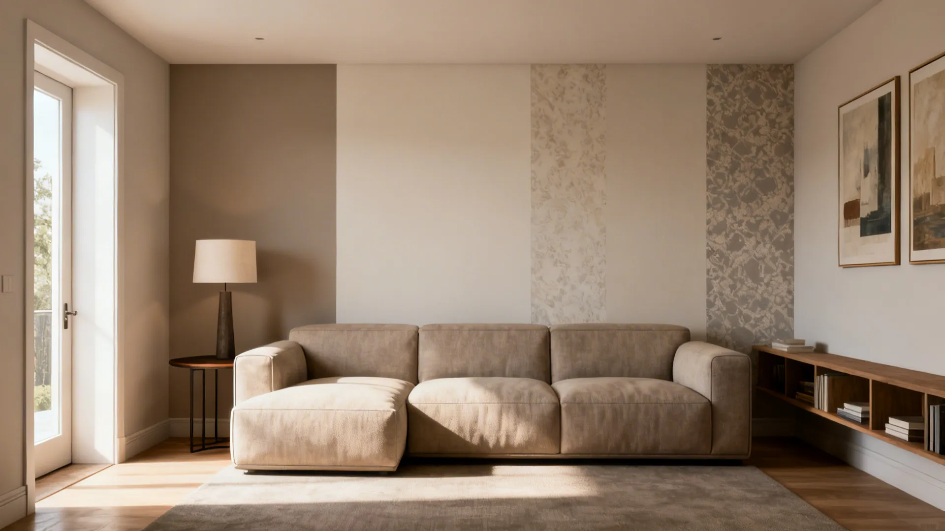 Accent wall behind a sofa with gallery art and warm neutral decor.