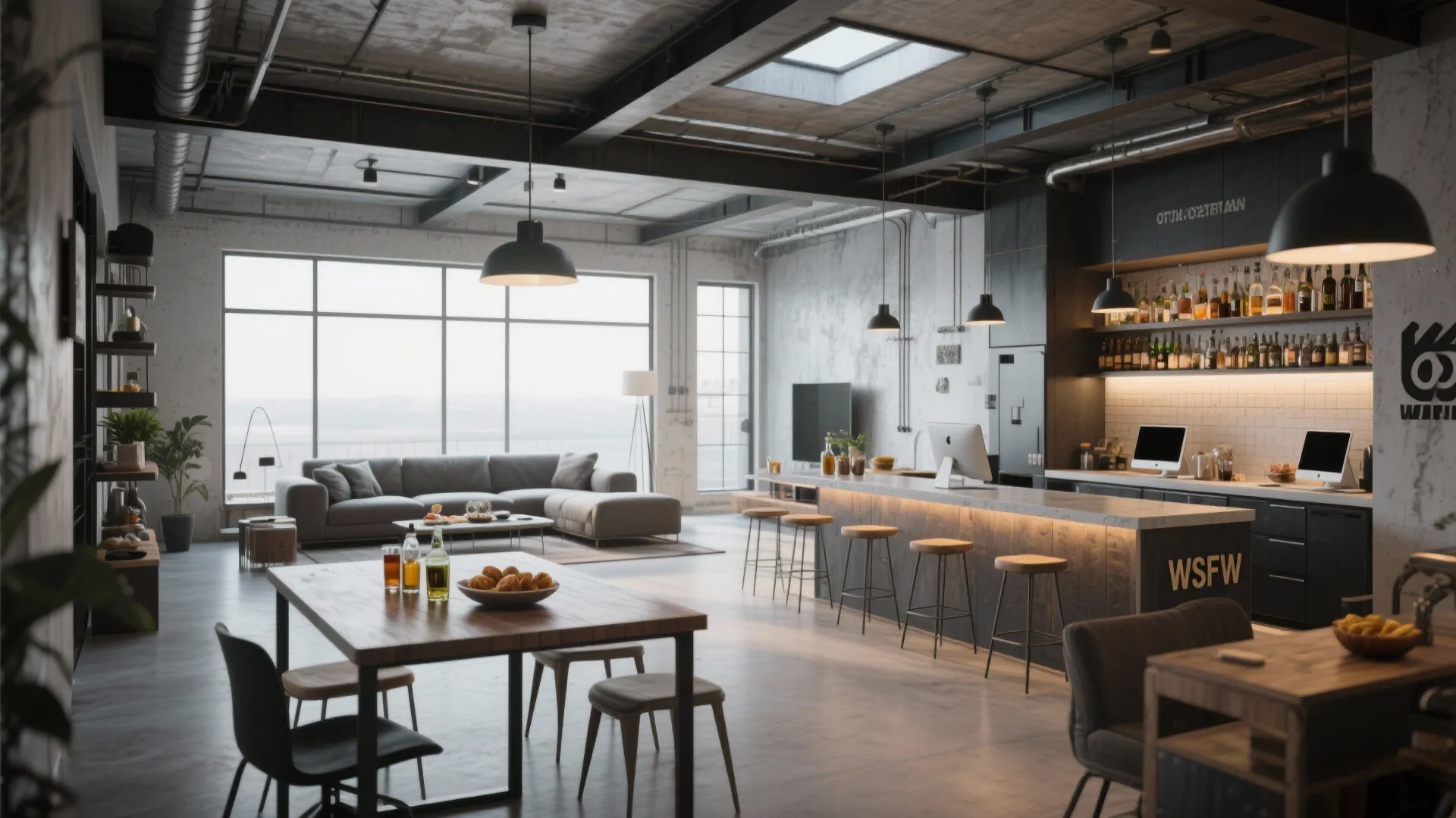 Industrial loft interior design with concrete walls black ceiling lights large windows and long bar counter