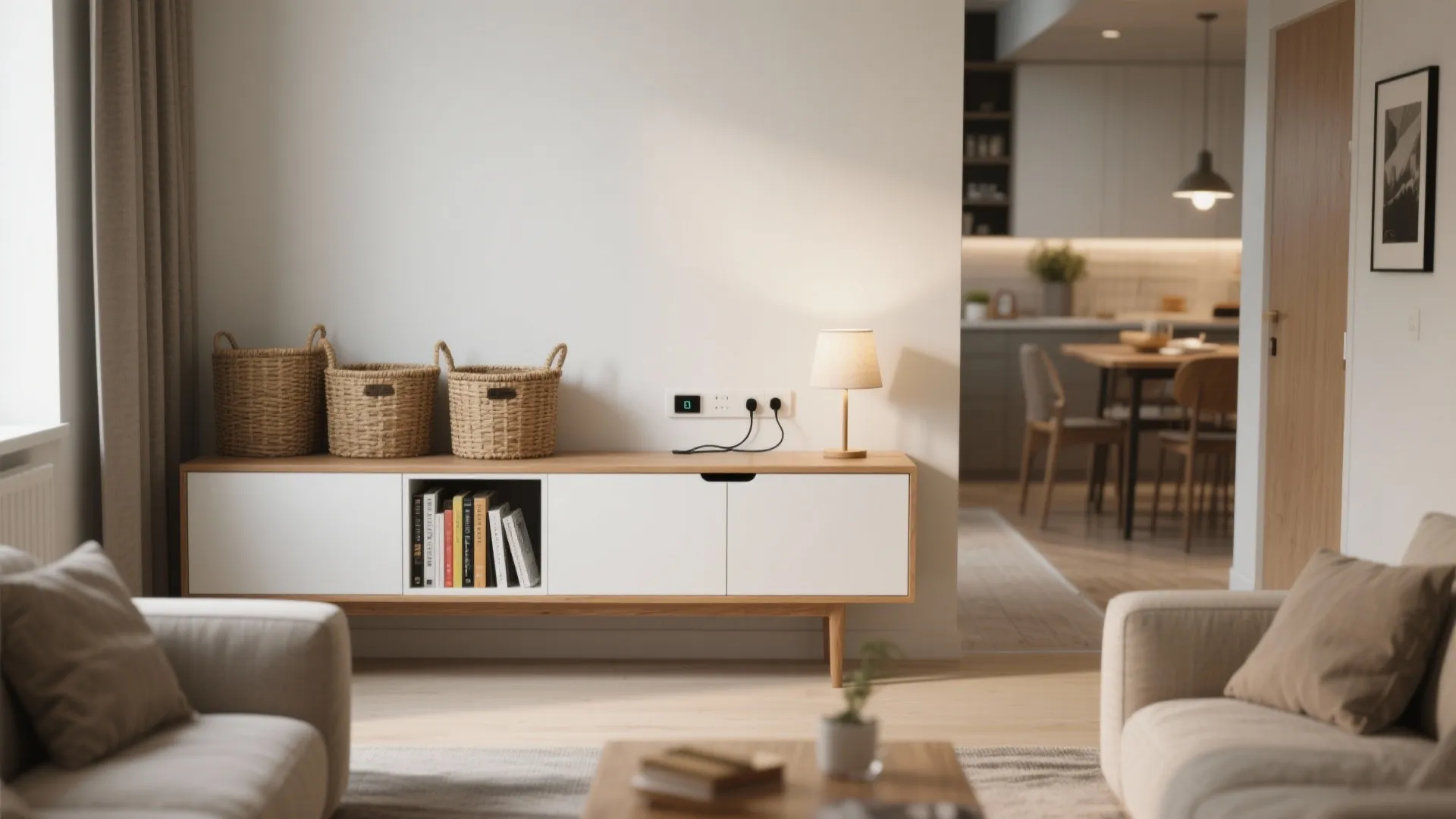 Slim console chest behind a sofa with lamp, books, and clean cable routing.