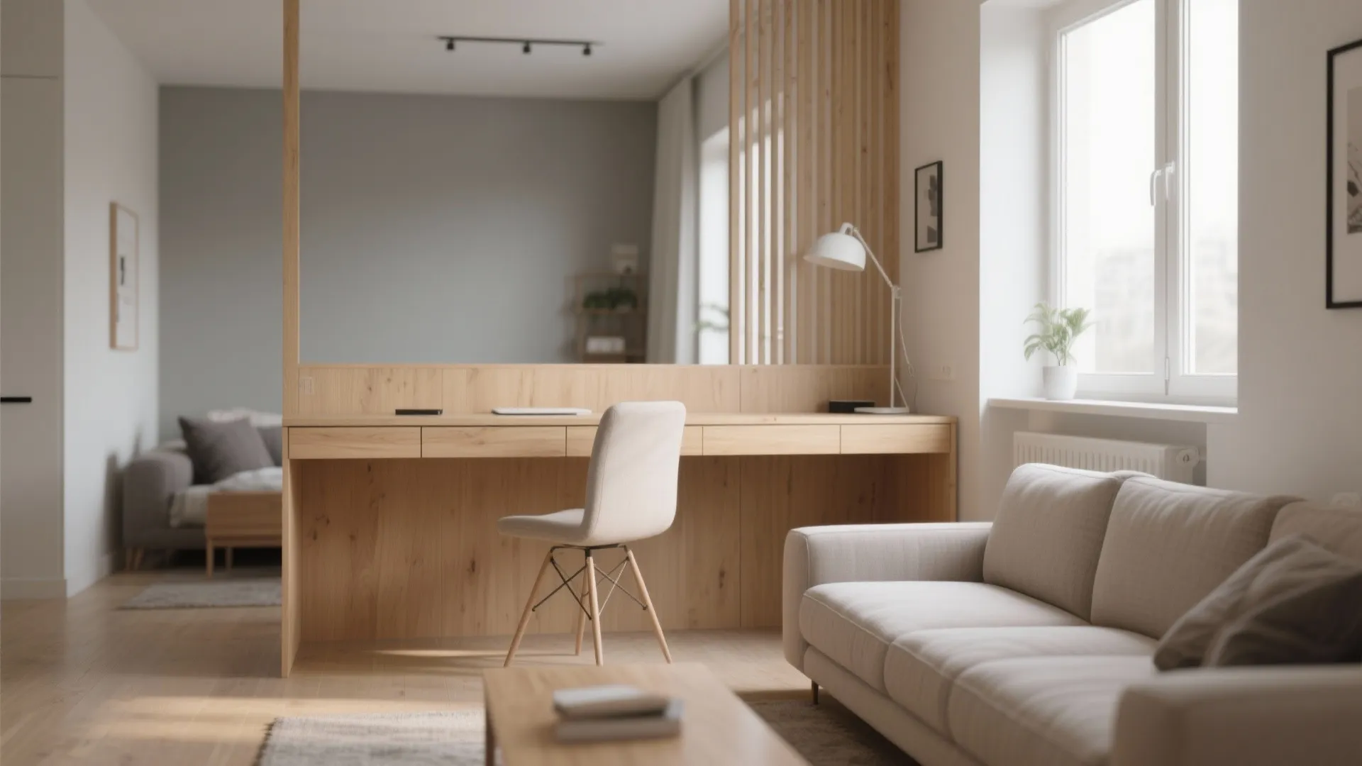 Long wooden desk placed behind a cream sofa in a modern open plan living area