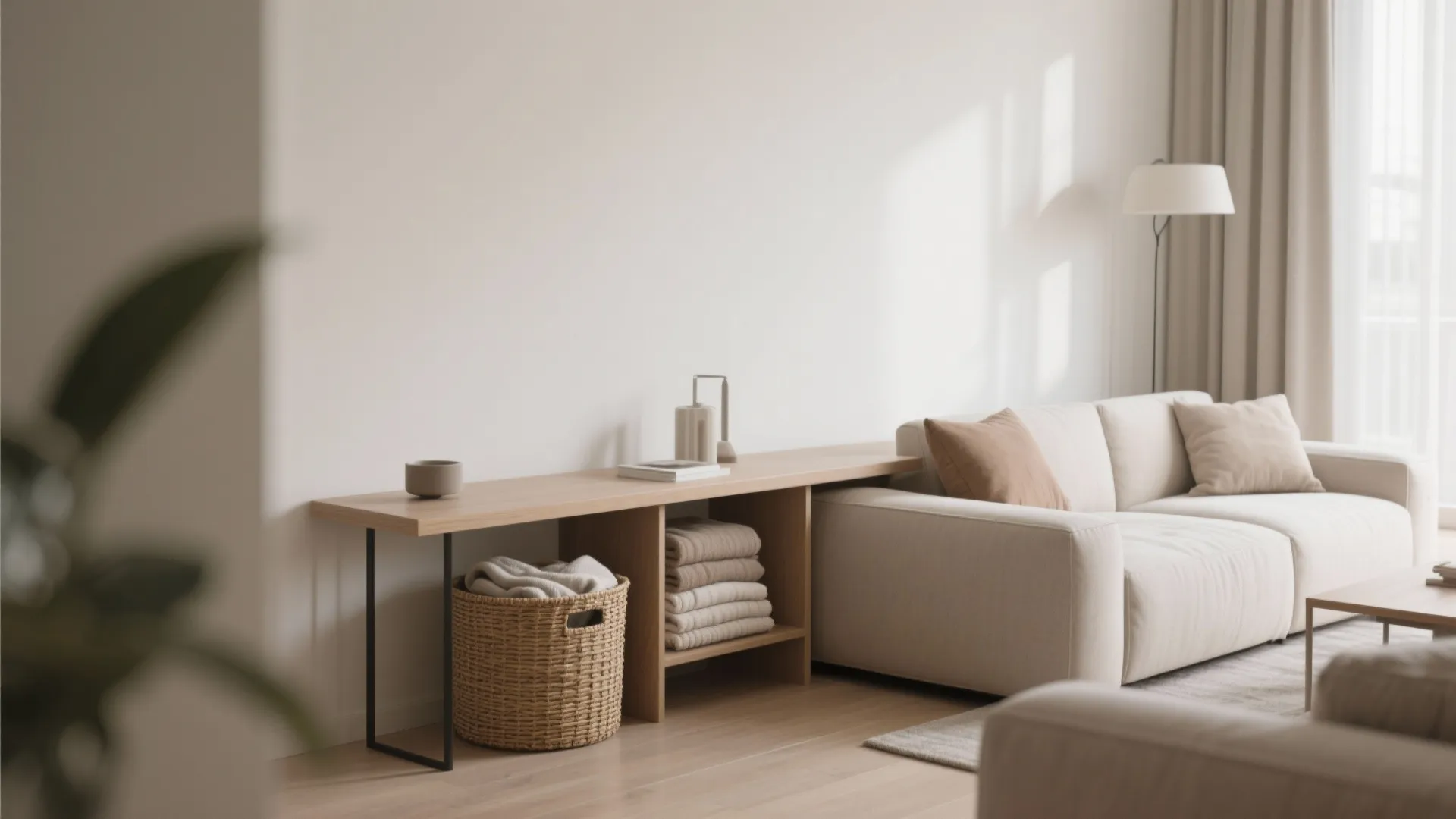 Blanket storage bin placed behind sofa under console table