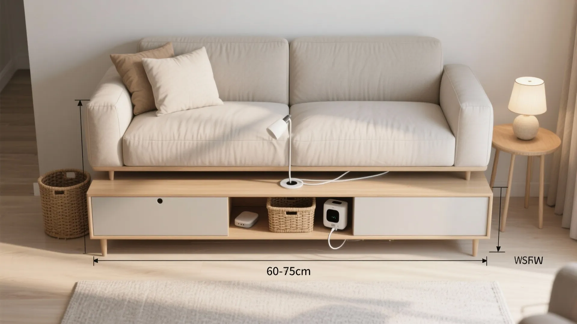 Top-down view of a slim behind-sofa console chest with clear walkways and cable grommet.