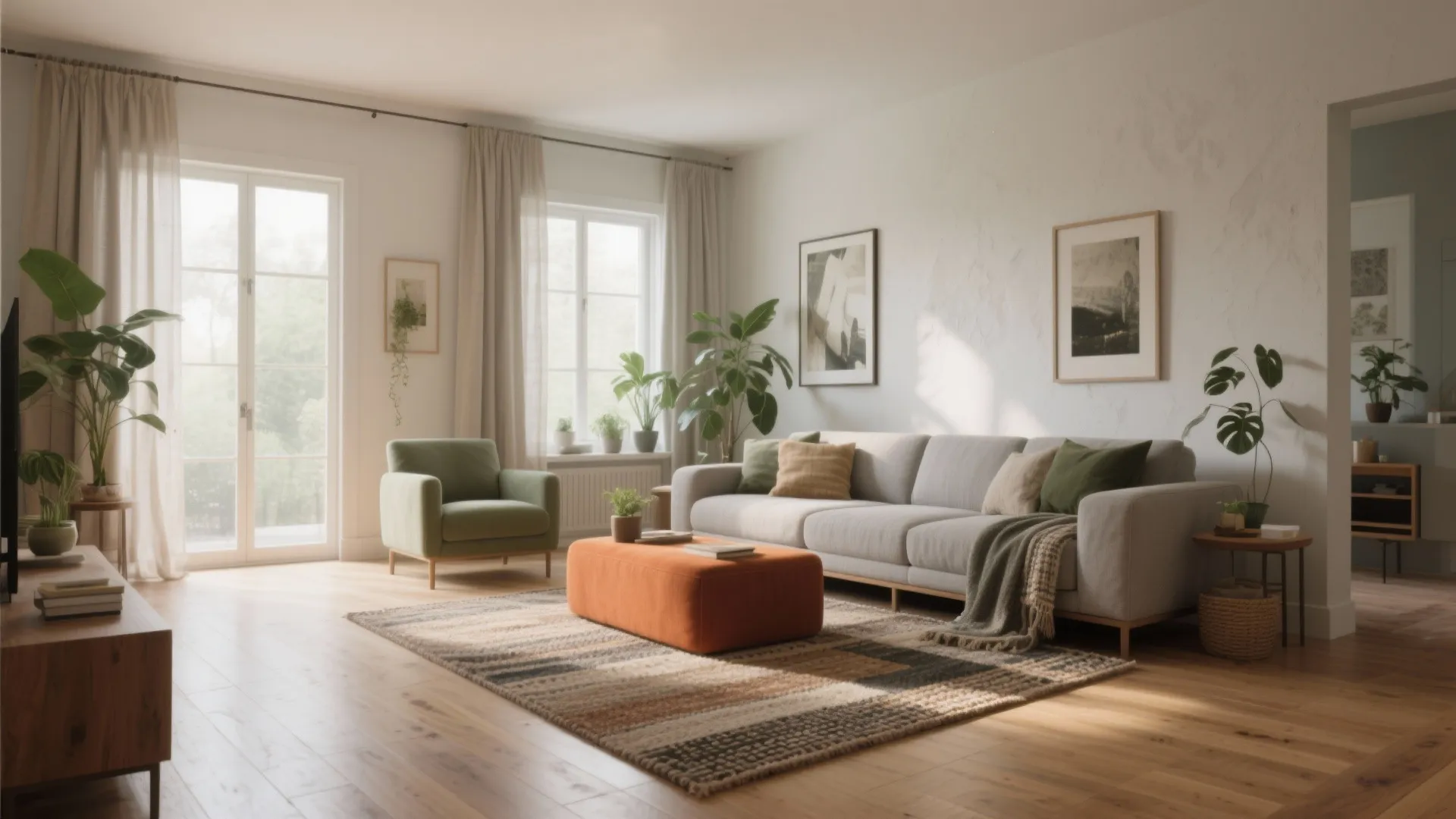 Bright living room with gray sofa green chair orange footrest patterned rug and large glass windows