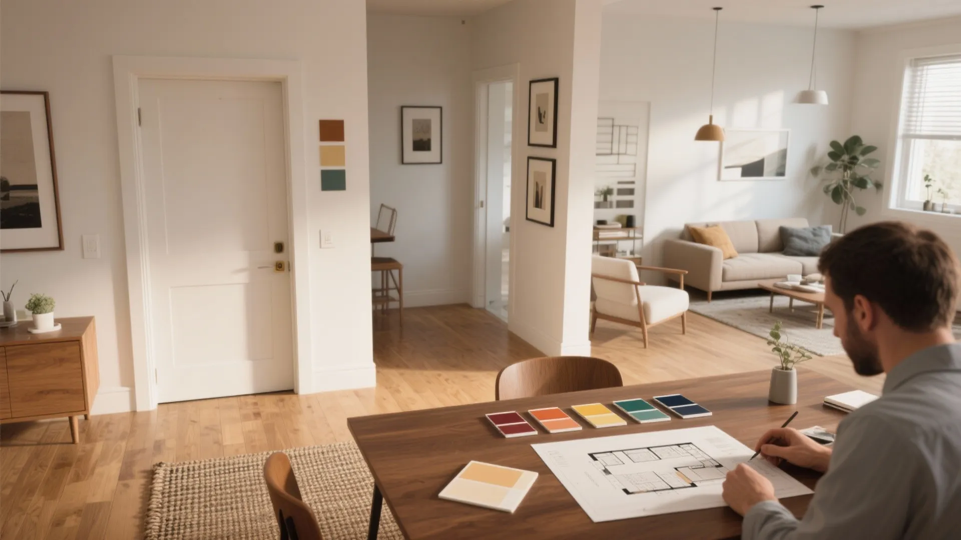 Interior designer working on a room layout with paint color swatches and a floor plan