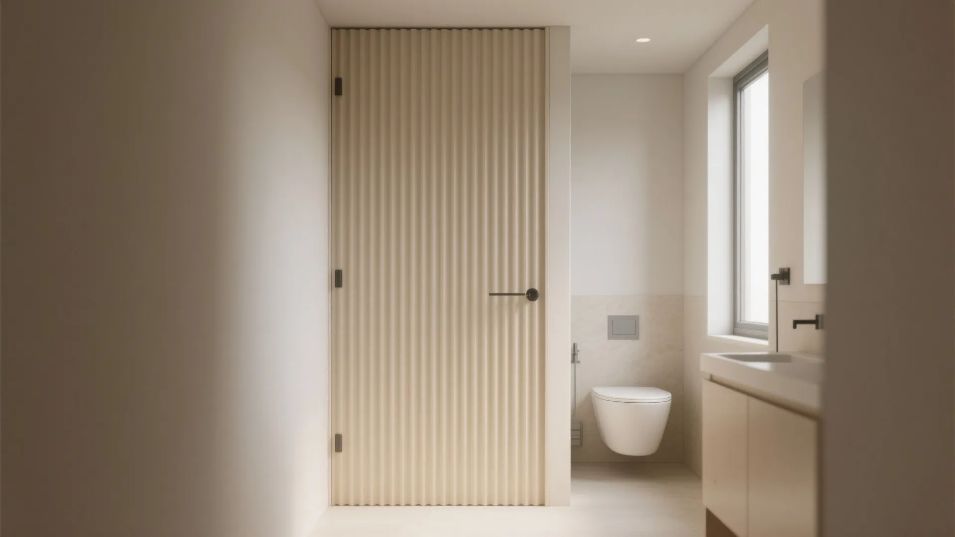 Beige vertical textured bathroom door next to a white toilet sink and a small window