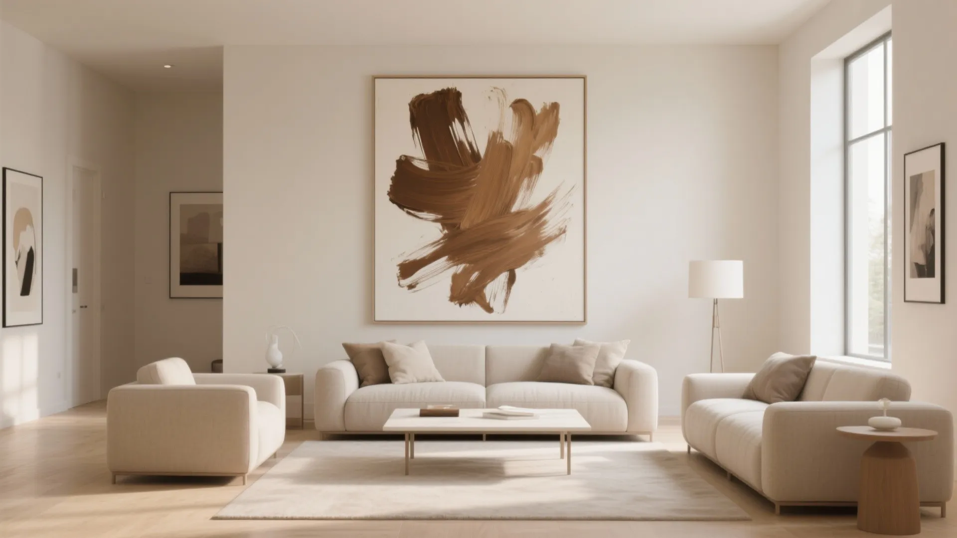 Beige feature wall with large brown abstract artwork