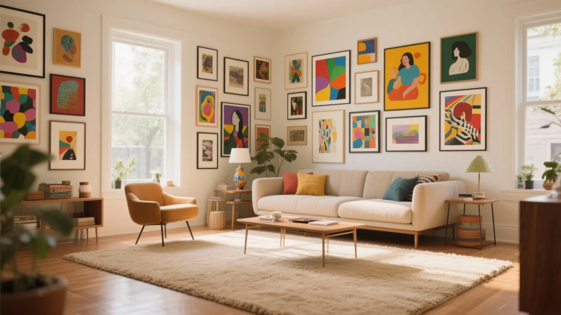 9. Beige Carpet with Art-Focused Walls