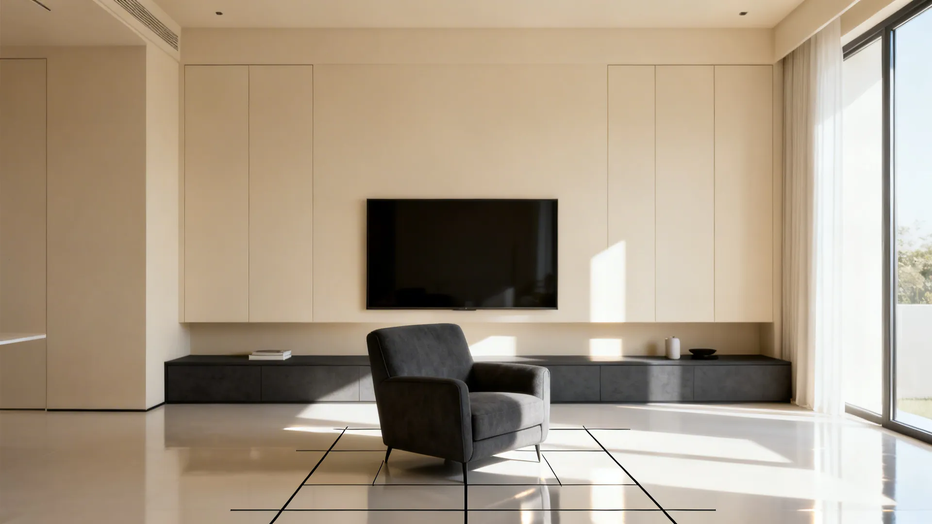 Creamy beige living room with a deep grey armchair and media unit creating a strong focal point.