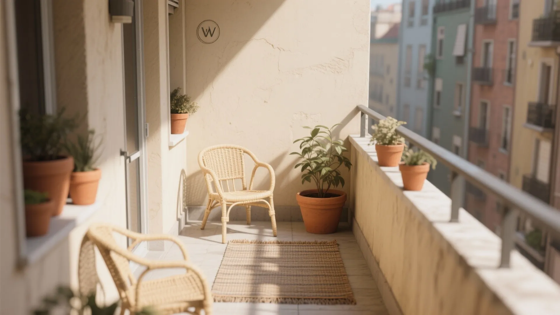 Sunny minimalist balcony with beige walls wicker chairs small rug terracotta pots and street background