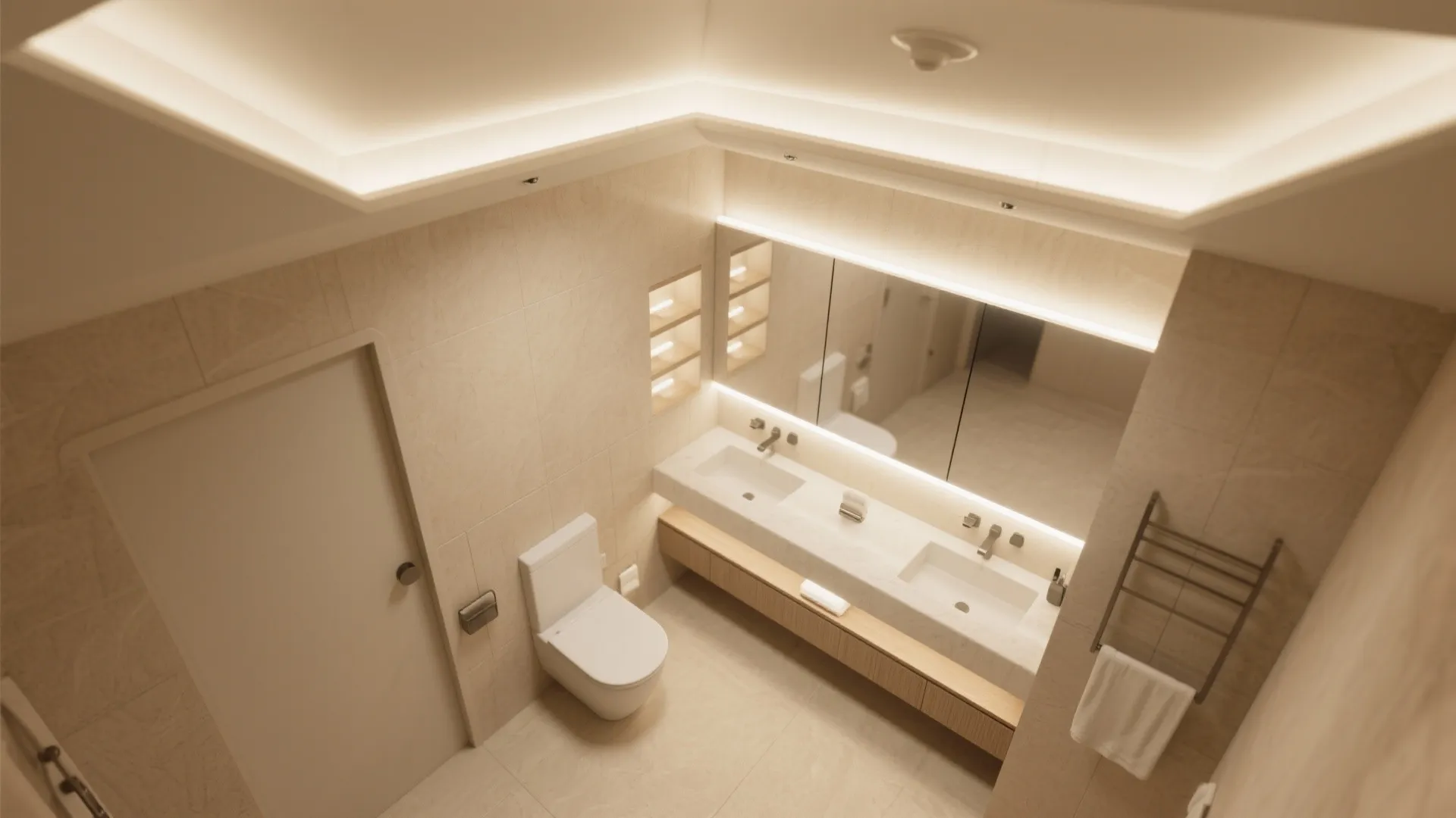 High angle view of beige bathroom showing ceiling light fixture large mirror and white toilet
