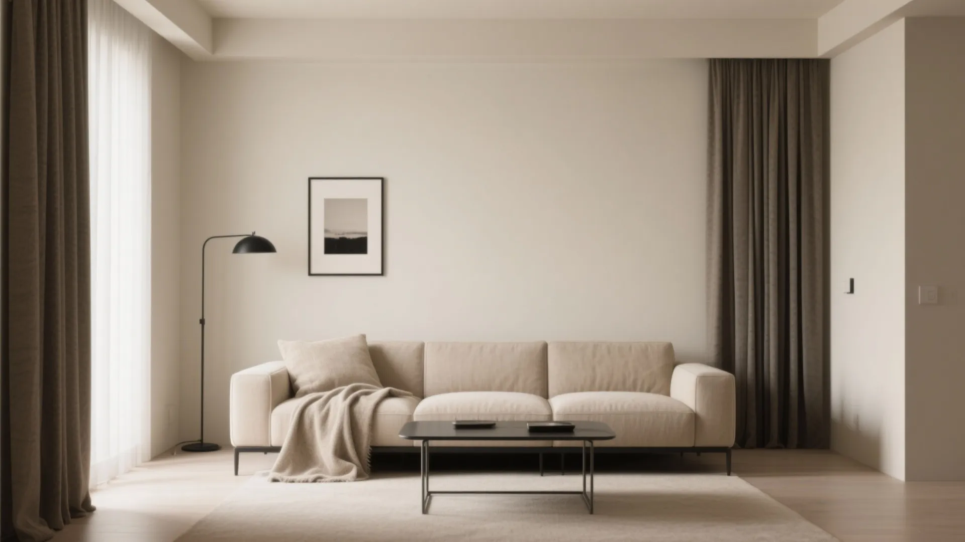 Minimalist living room with beige sofa black coffee table framed wall art and brown curtains