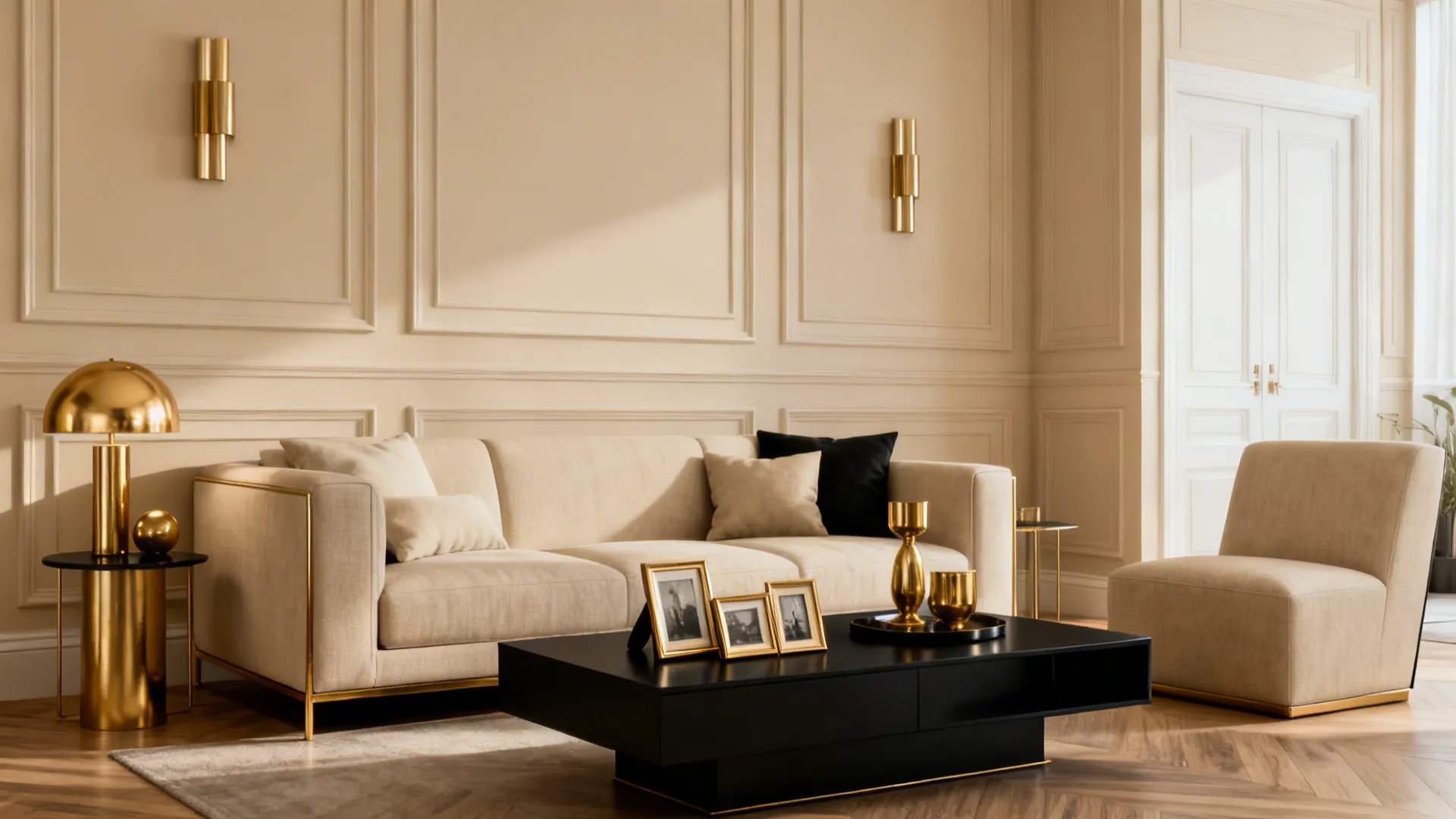 Monochrome beige living room with gold accents and black furniture for contrast.