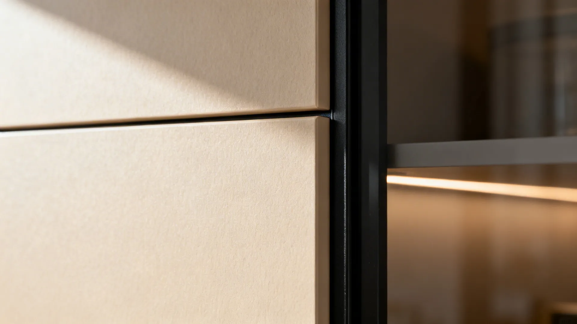 Macro of soft beige laminate next to a black accent frame with clean edges.