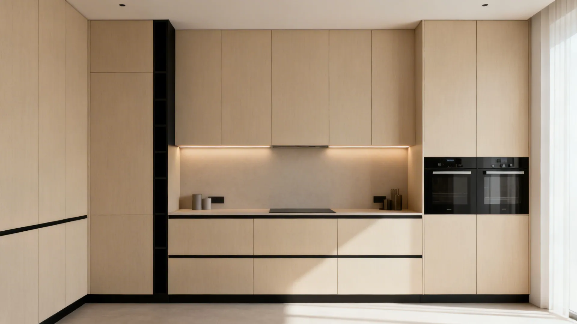 Minimal kitchen in soft beige with a single black-accent pantry under warm daylight.