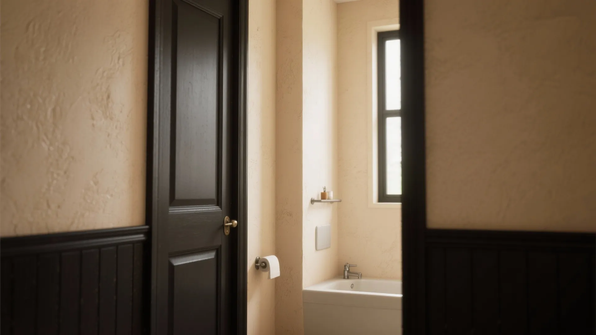 Modern bathroom with beige textured walls black wooden door small white bathtub and natural window light
