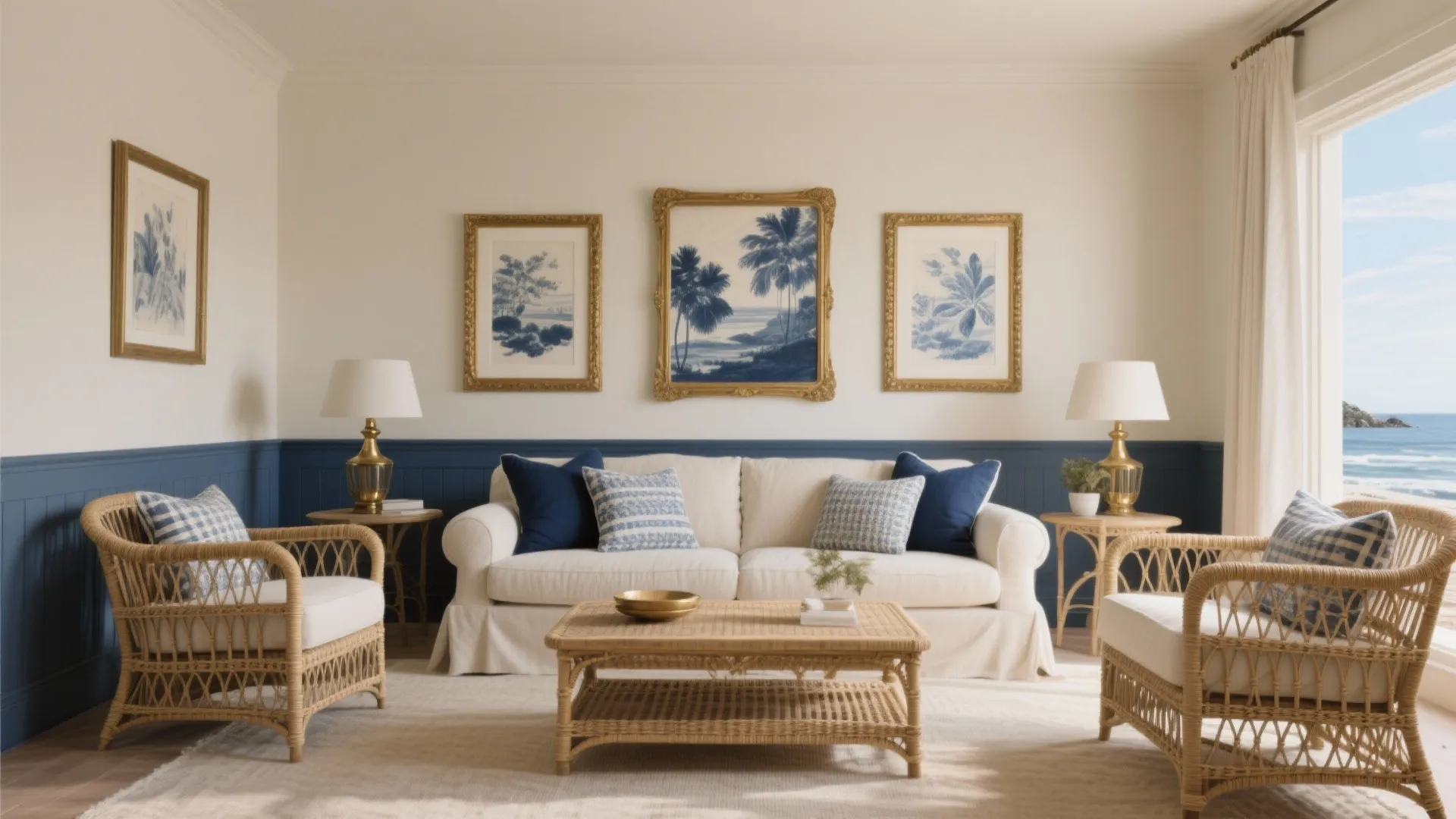 Coastal living room with white sofa blue wall panel cane chairs wooden table and ocean view