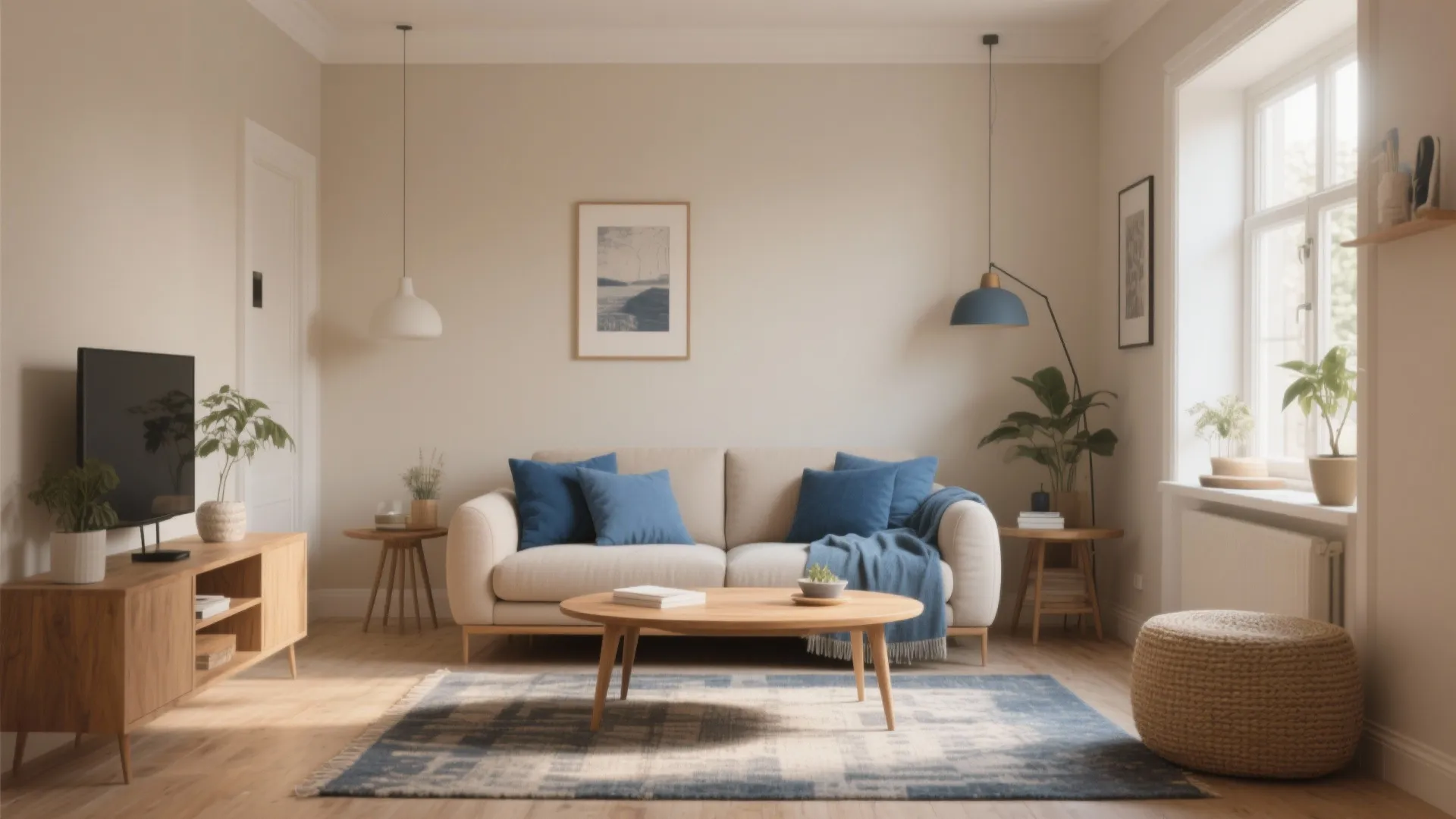 Modern living room with beige sofa blue pillows wooden coffee table blue rug and natural light