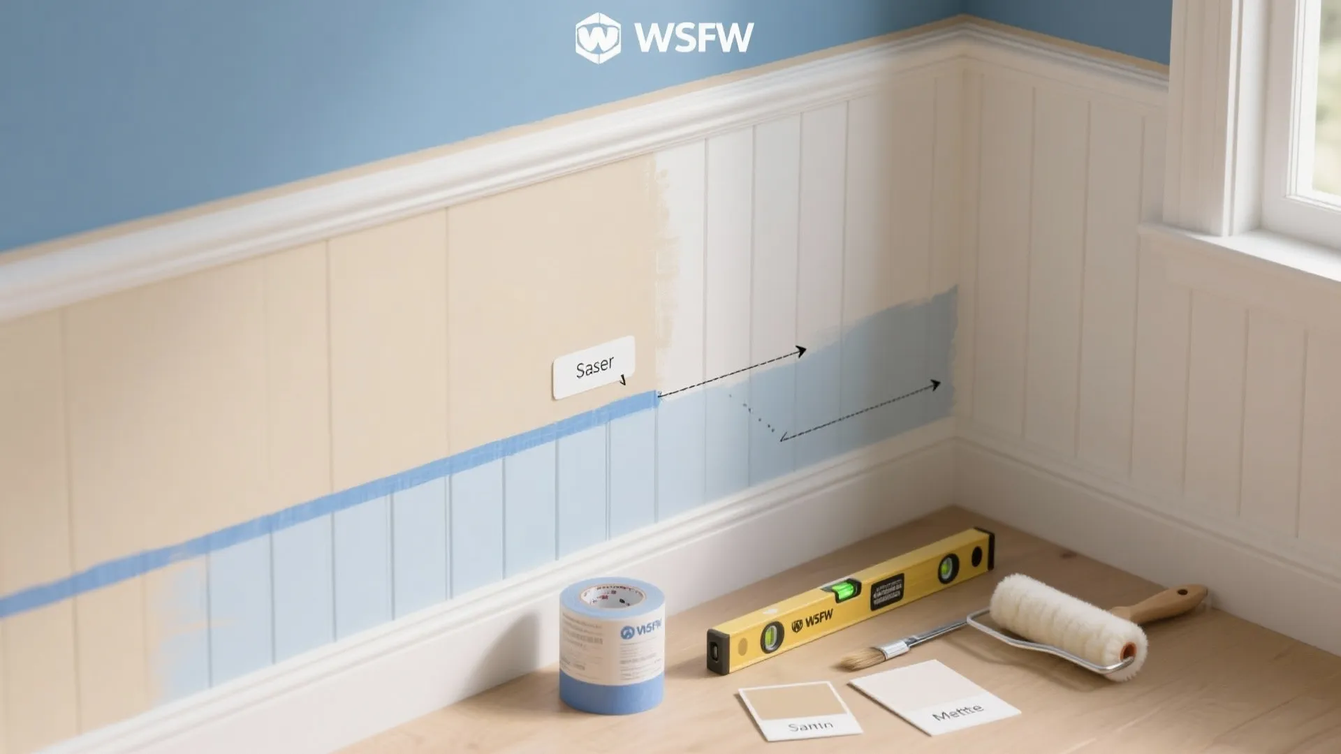 Top-down plan with sand beige and breezy blue swatches, painter’s tape, laser level, and tools for a two-tone wainscot.