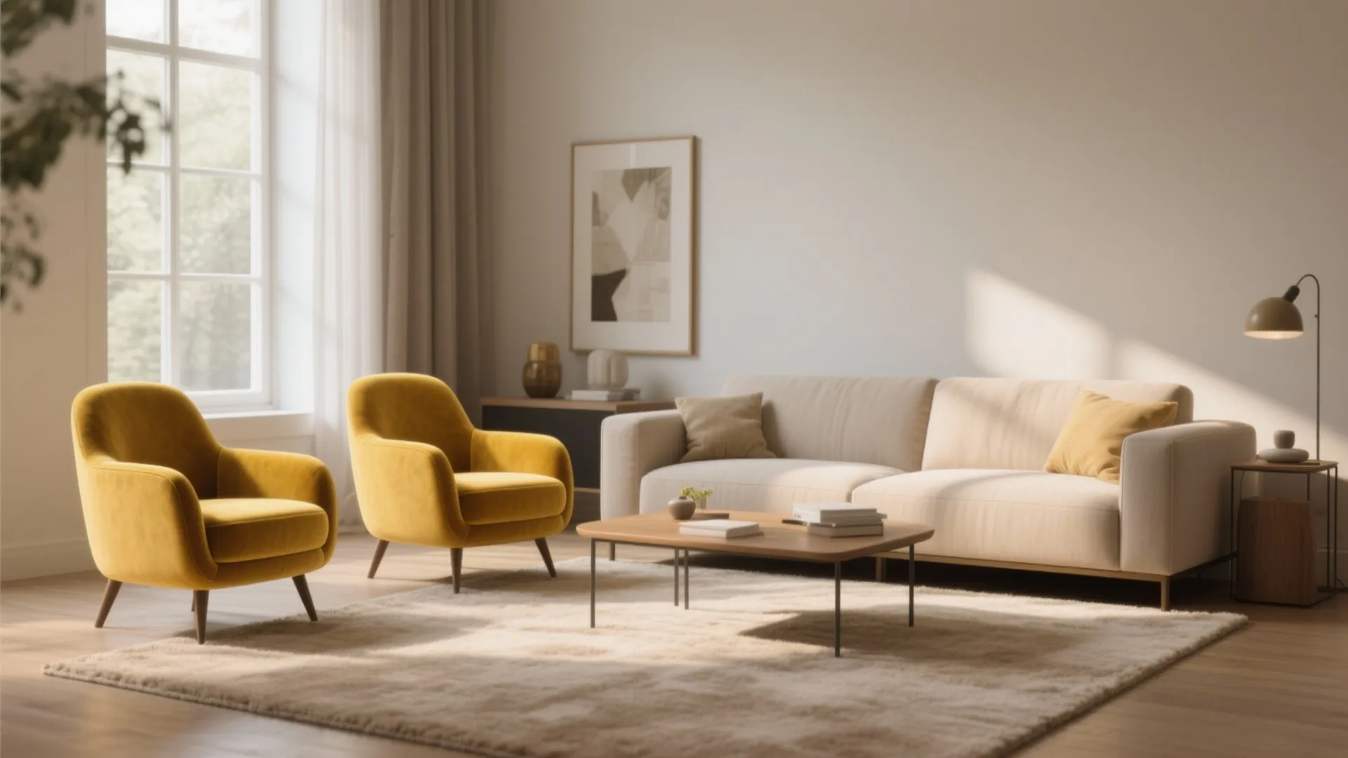 2. Beige Carpet with Bold Accent Chairs