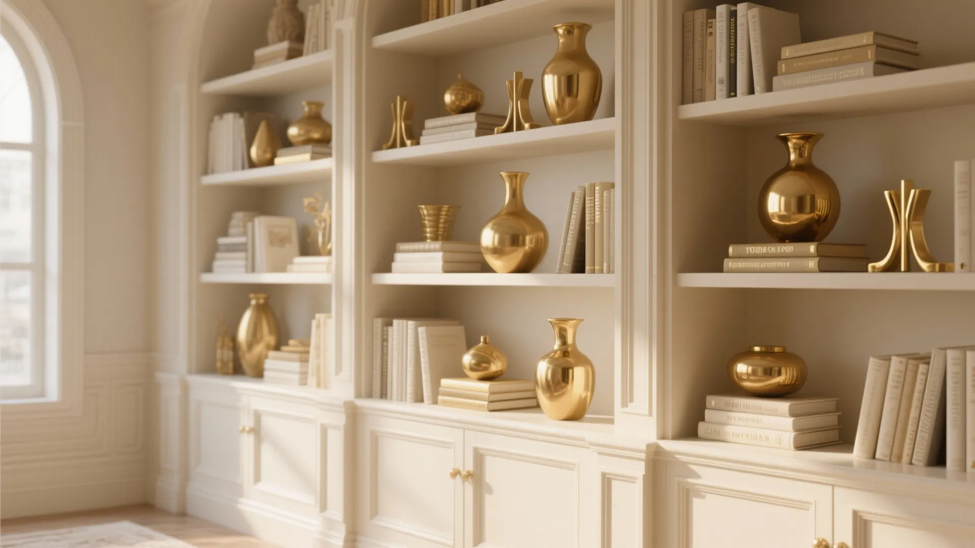 White built-in cabinet shelves decorated with many gold vases and books near a large window