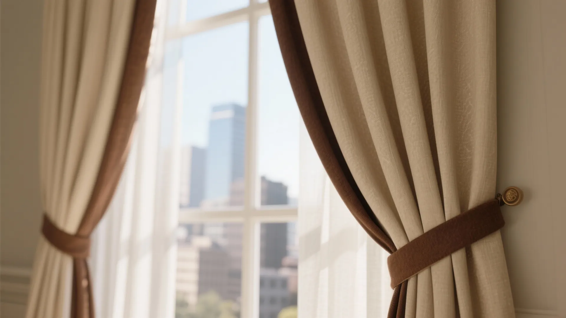 Beige curtains with brown trim framing window