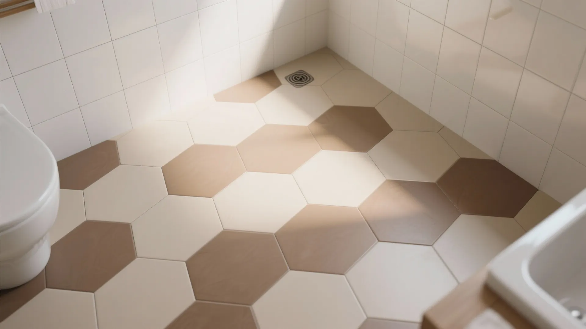 Bathroom floor with hexagon tiles in white beige and brown colors near a white toilet