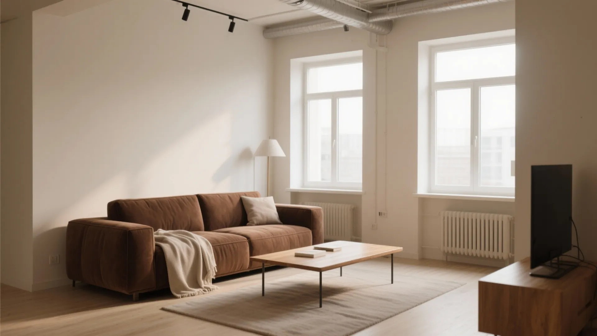 Compact loft with beige walls and brown sofa
