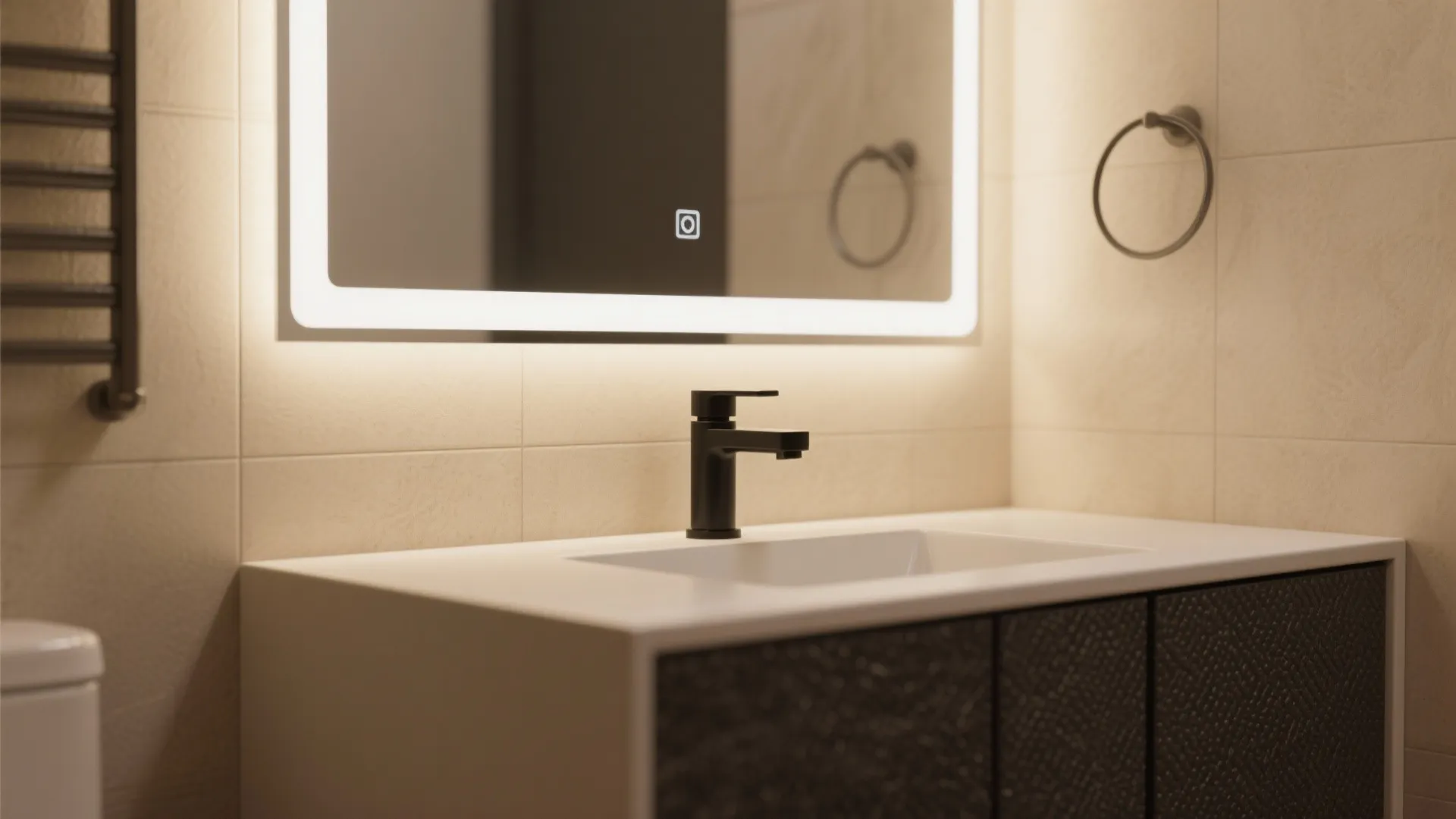Modern bathroom sink with black water tap lit mirror dark cabinet and beige wall tiles design