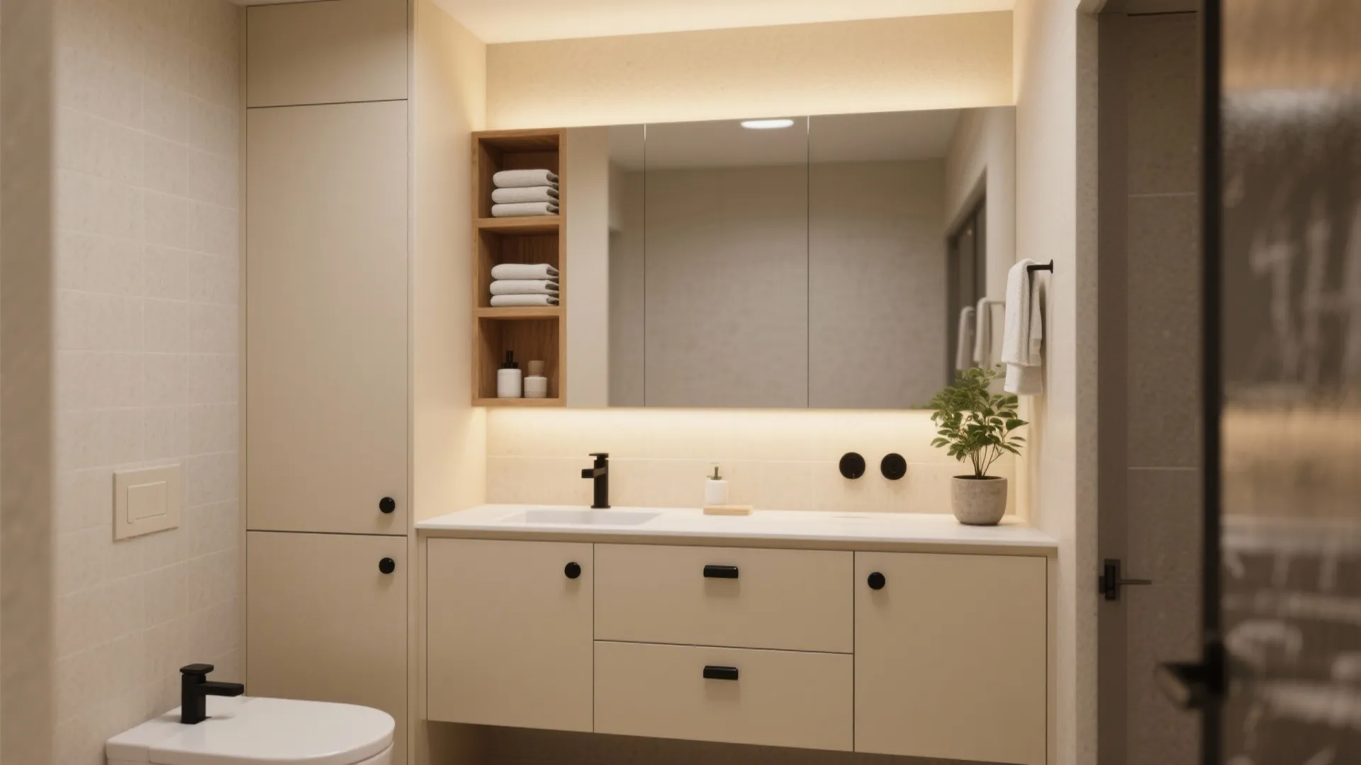 4. Beige cabinetry with black hardware and open shelving