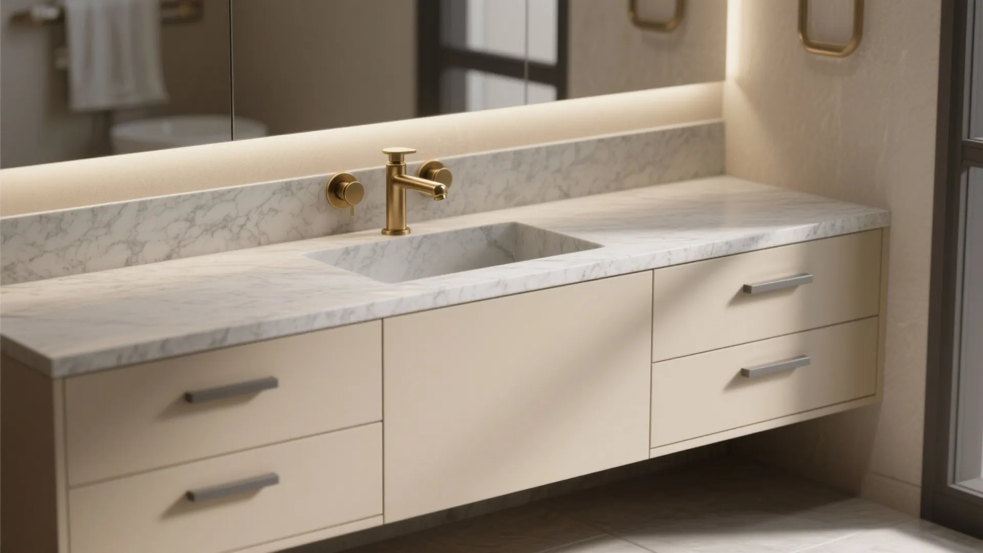 3. Beige cabinetry + grey brass fixtures