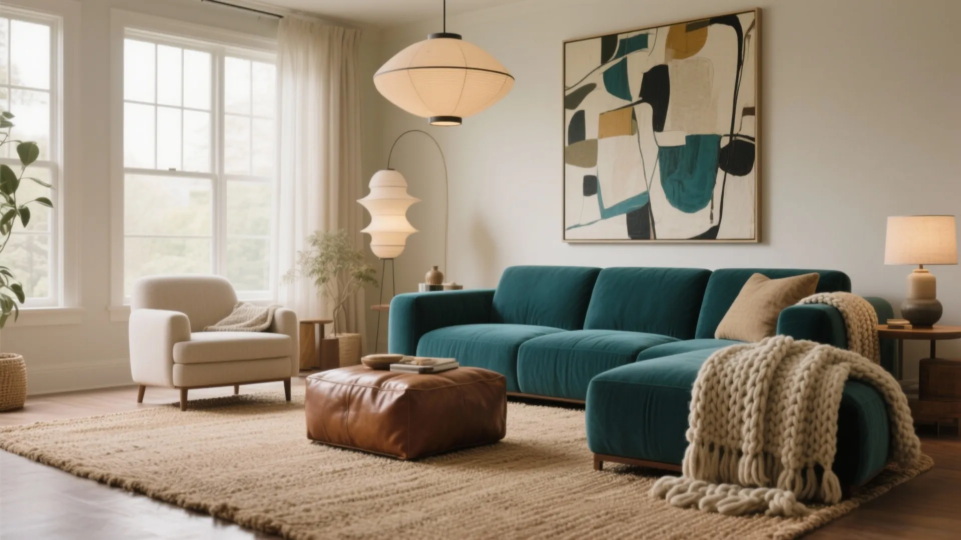 Modern living room featuring blue sofa beige rug leather footrest ceiling light and white armchair