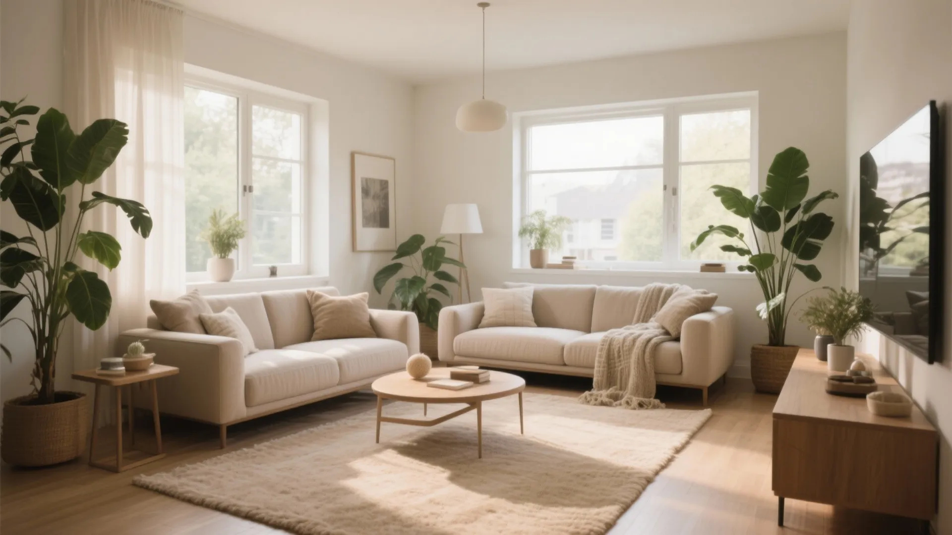 Bright beige living room featuring two cream sofas wooden coffee table green plants and windows