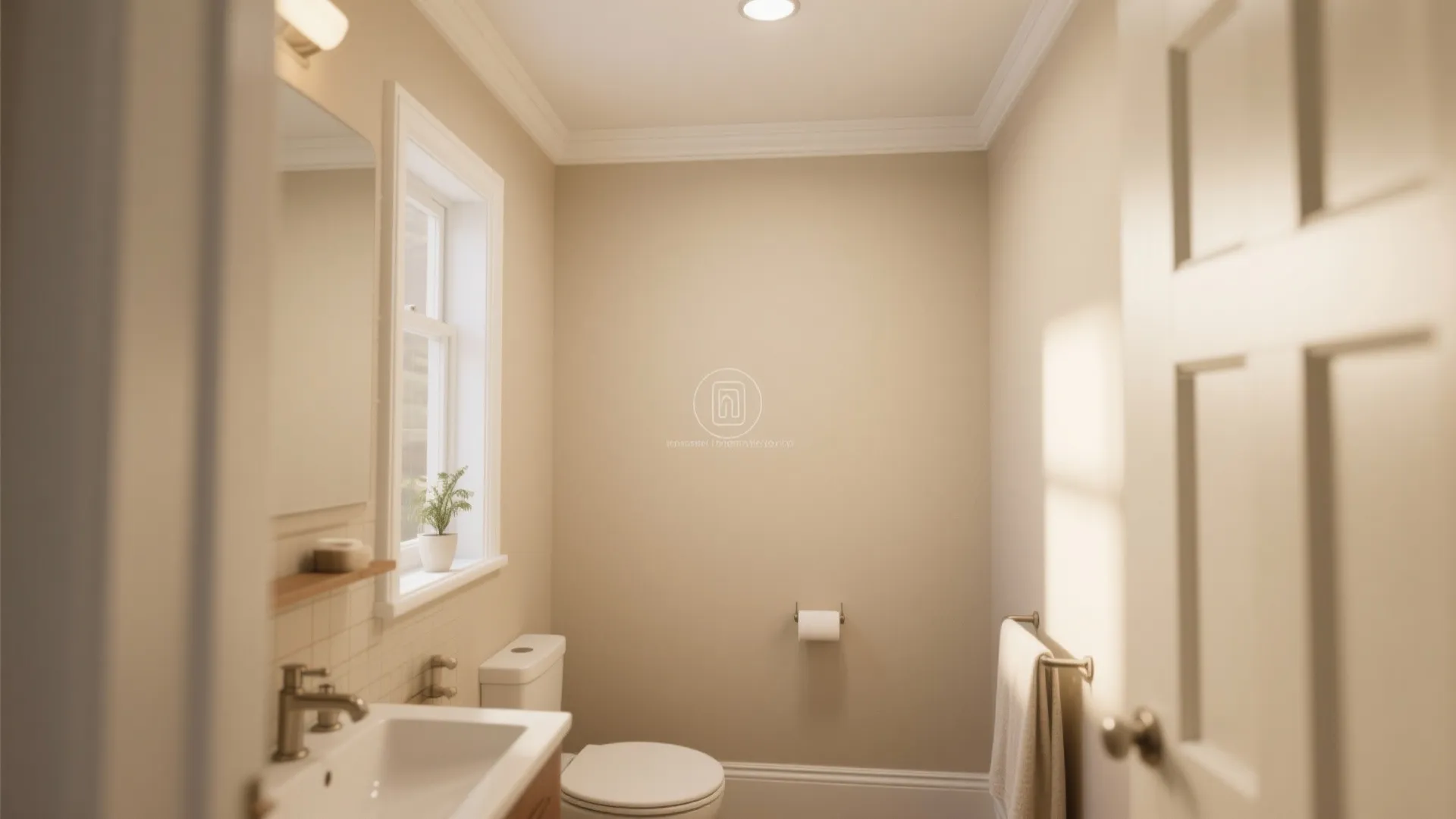Beige bathroom with white sink and toilet plus small window and warm ceiling light fixture