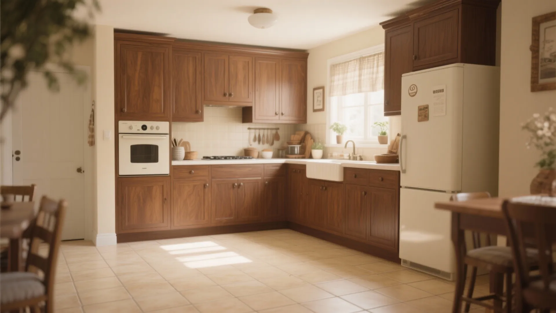Traditional kitchen with dark wood cabinets white oven beige floor tiles and a white fridge