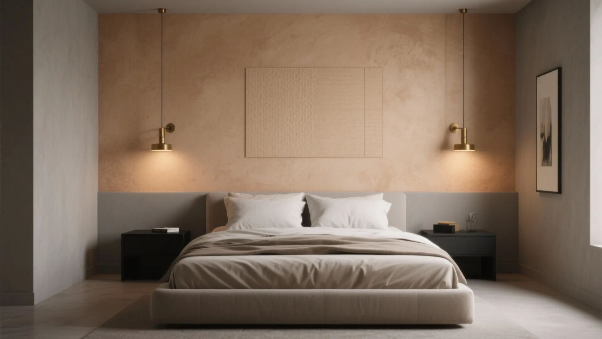 Bedroom with a warm beige‑clay accent wall behind the bed and brass fixtures.