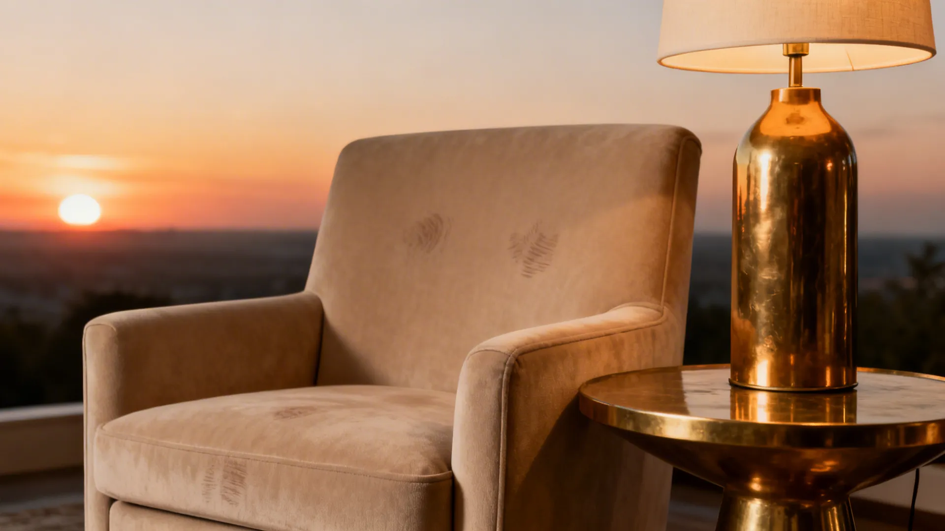 Matte beige club chair styled with warm brass side table and lamp, creating a luxe neutral vignette