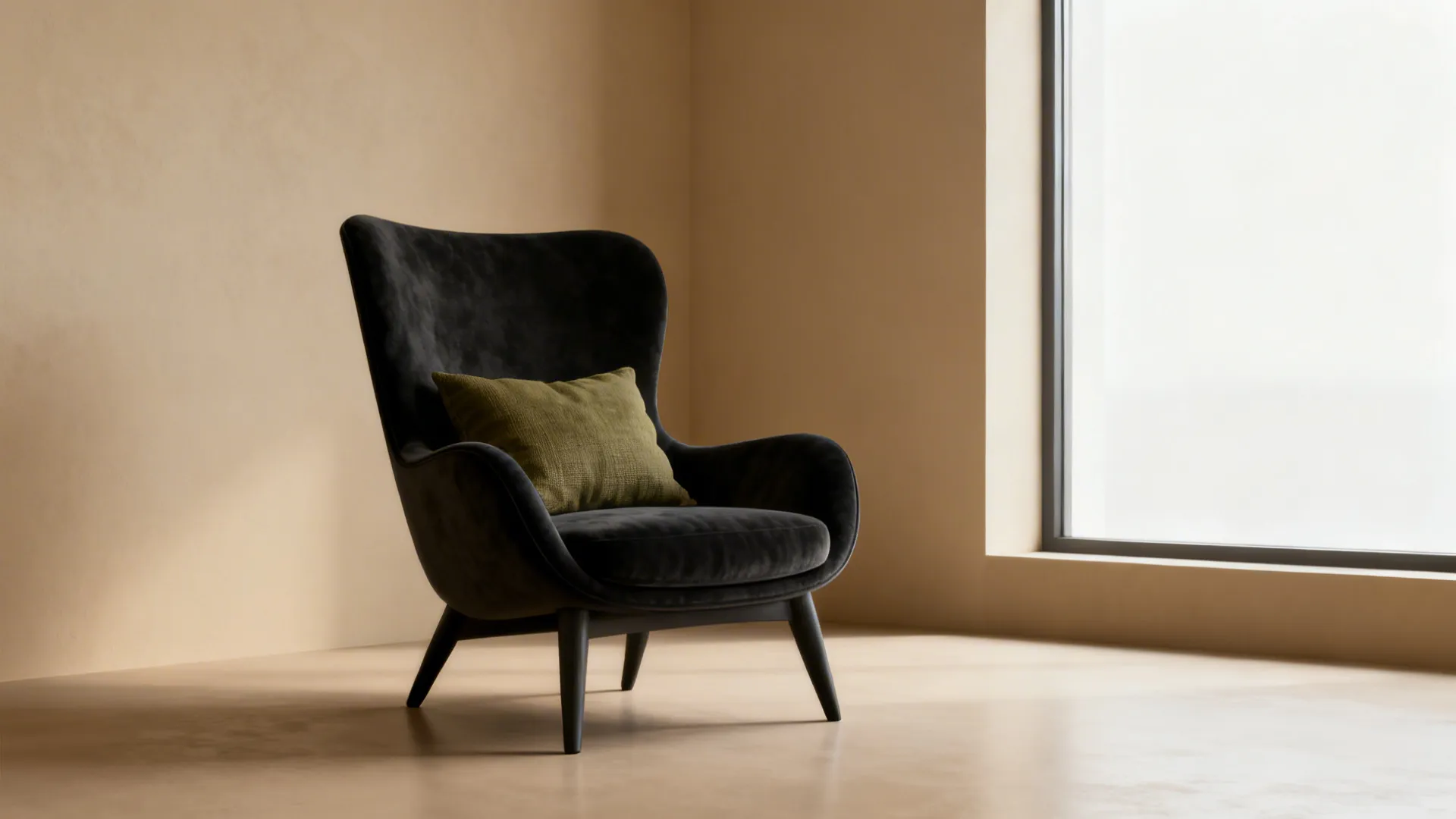 Charcoal accent armchair and olive cushions adding soft contrast to a beige room.