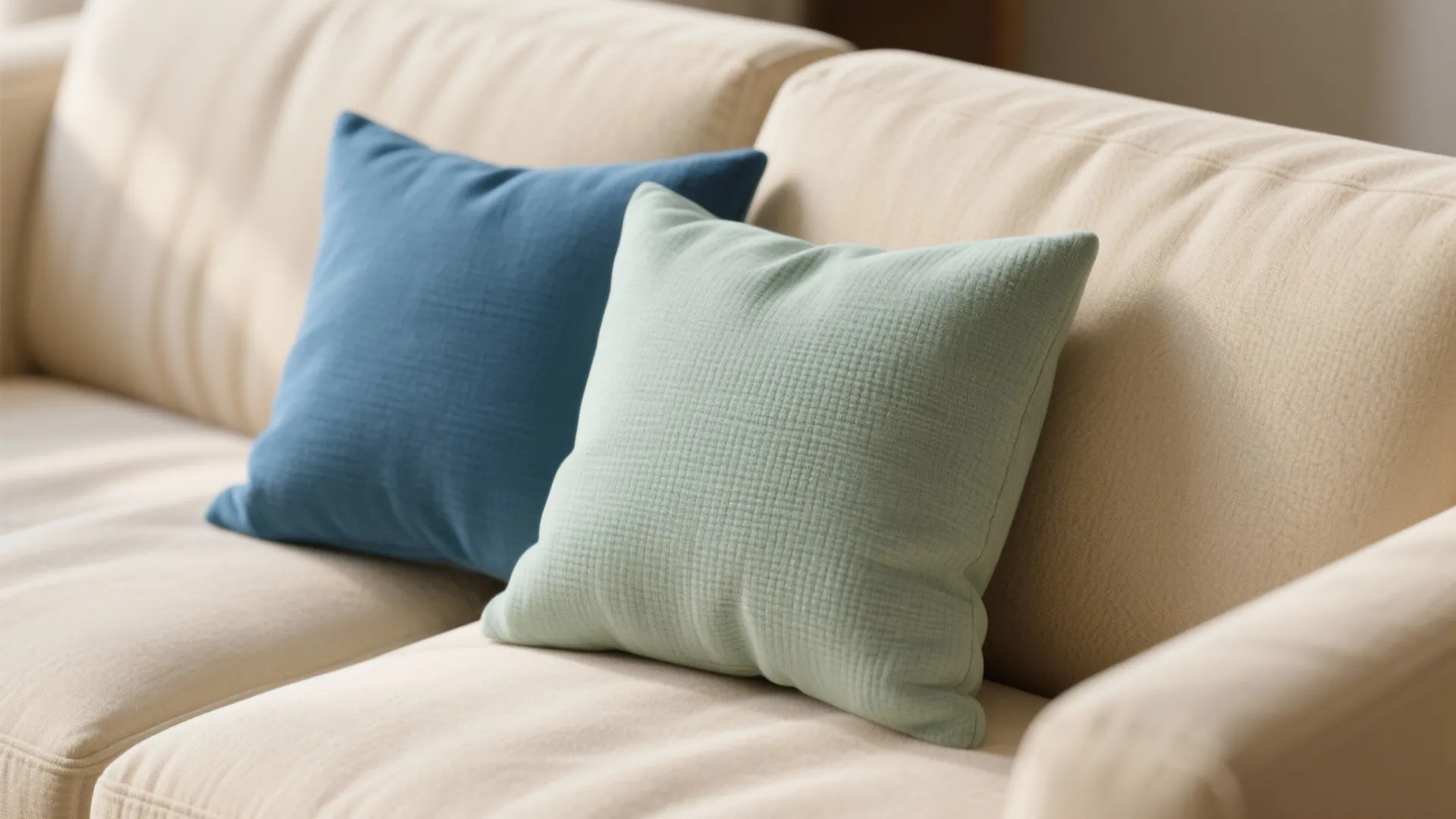 Close up of blue and light green pillows placed on a soft beige fabric sofa seat