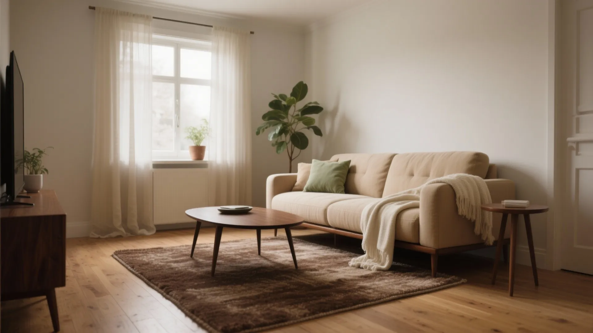 Minimalist living room with beige sofa wooden coffee table brown rug green plant and curtains