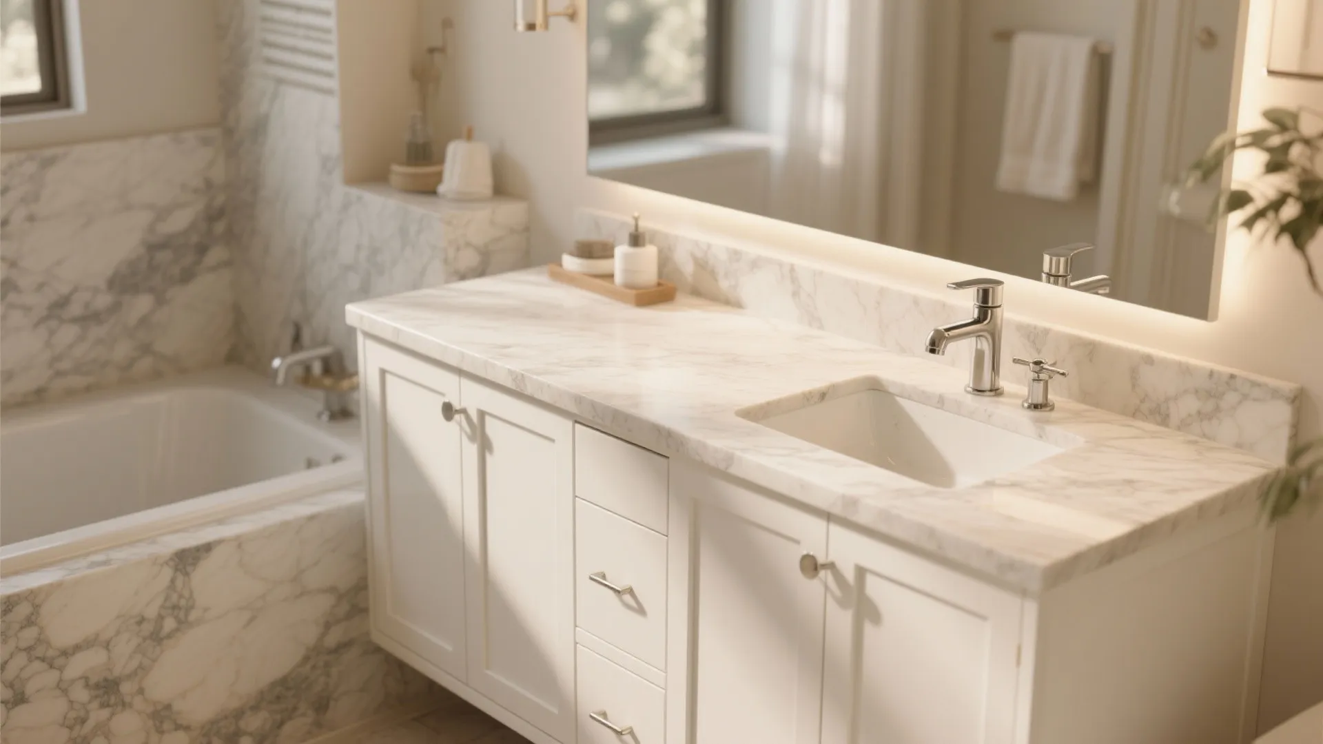Modern bathroom interior featuring marble countertop white cabinet sink and bathtub with light natural lighting