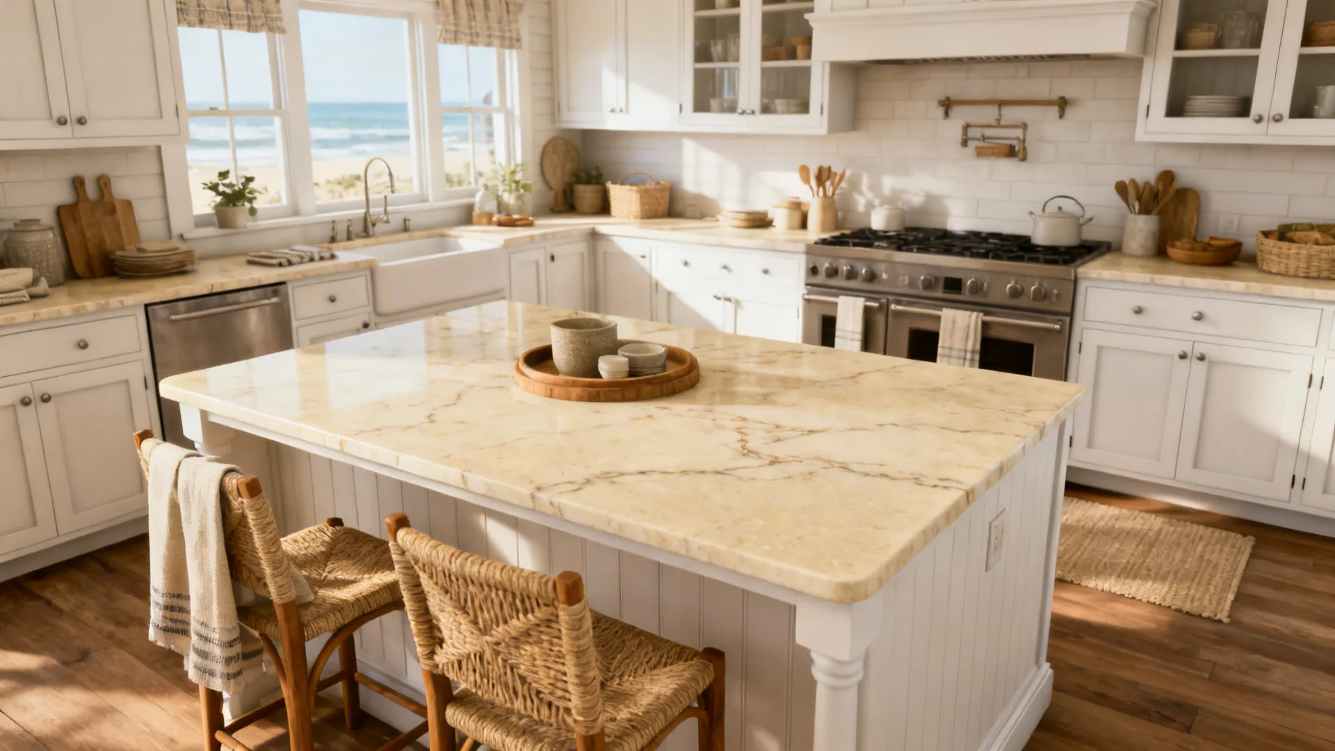 Cozy beach-cottage kitchen with warm beige quartz countertop and white cabinets